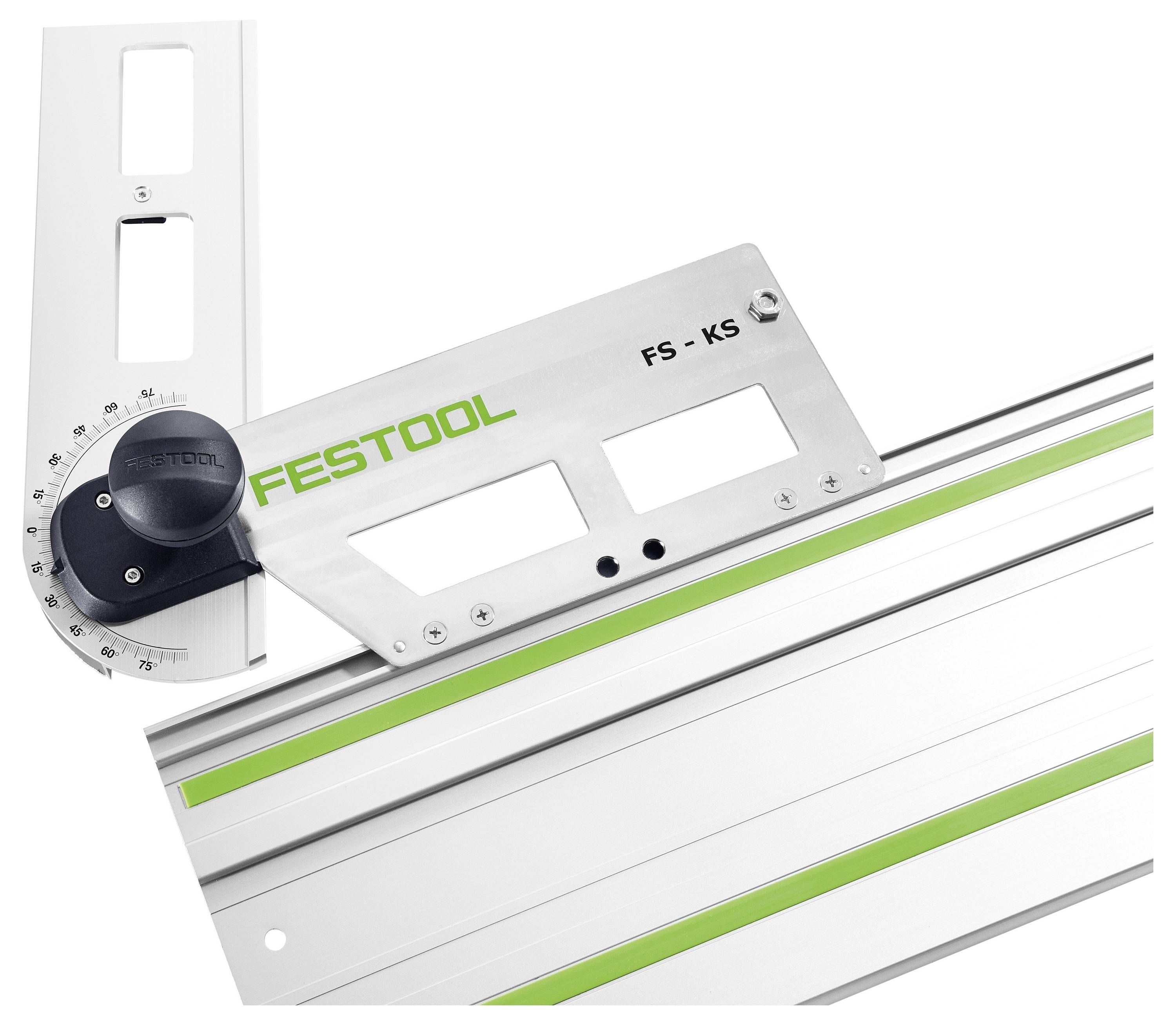 Festool FS-KS Winkelanschlag mit verstellbarem Arm und Winkelmesser, verwendet zum Führen von präzisen Winkelsägen auf Schienenführungen.