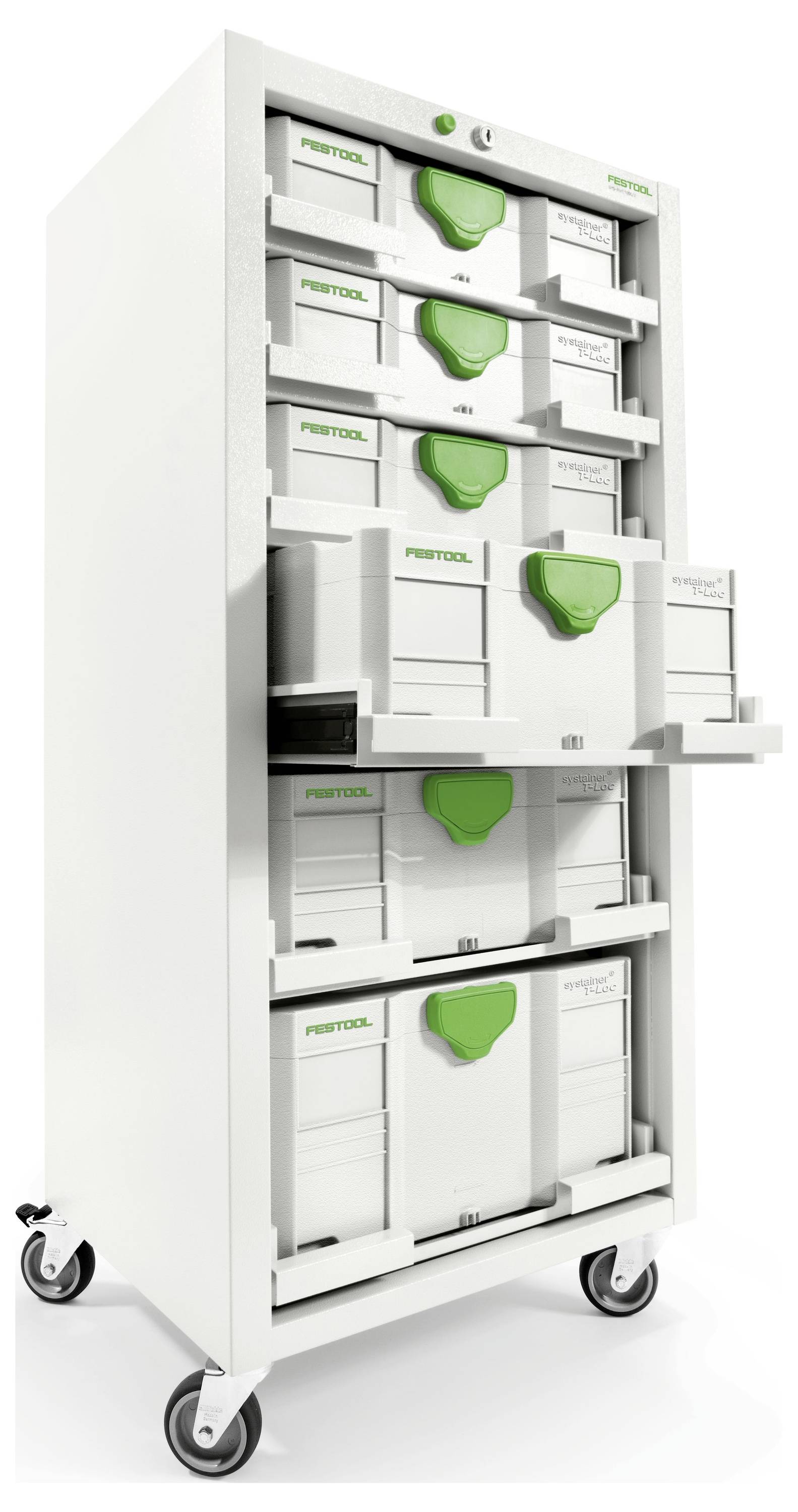 Hoher weißer fahrbarer Schrank mit mehreren beschrifteten Schubladen und grünen Griffen, mit Rädern für einfache Mobilität und Organisation.