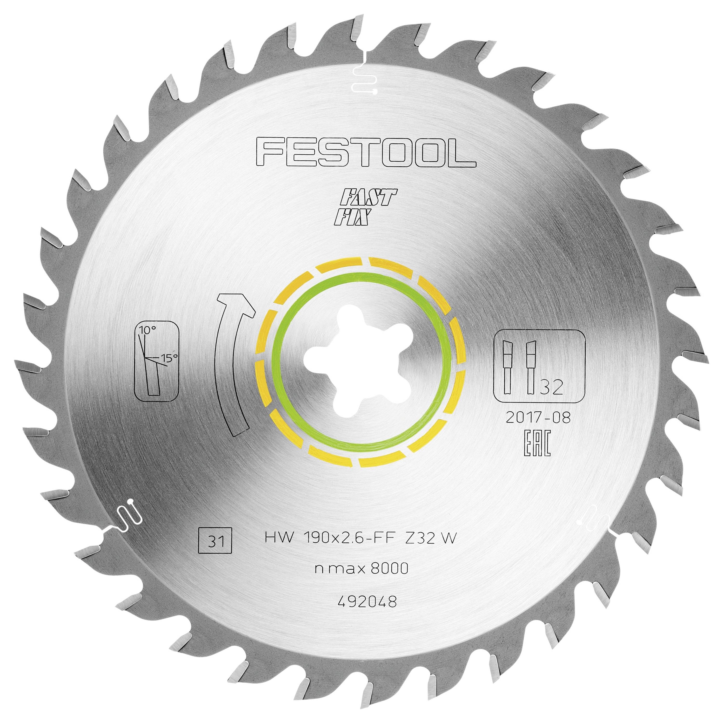 Ein kreisförmiges Festool-Sägeblatt mit 32 Zähnen, konzipiert für Präzisionsschnitte, mit der Modellnummer HW 190x2,6-FF Z32 W, max. 8000 U/min.