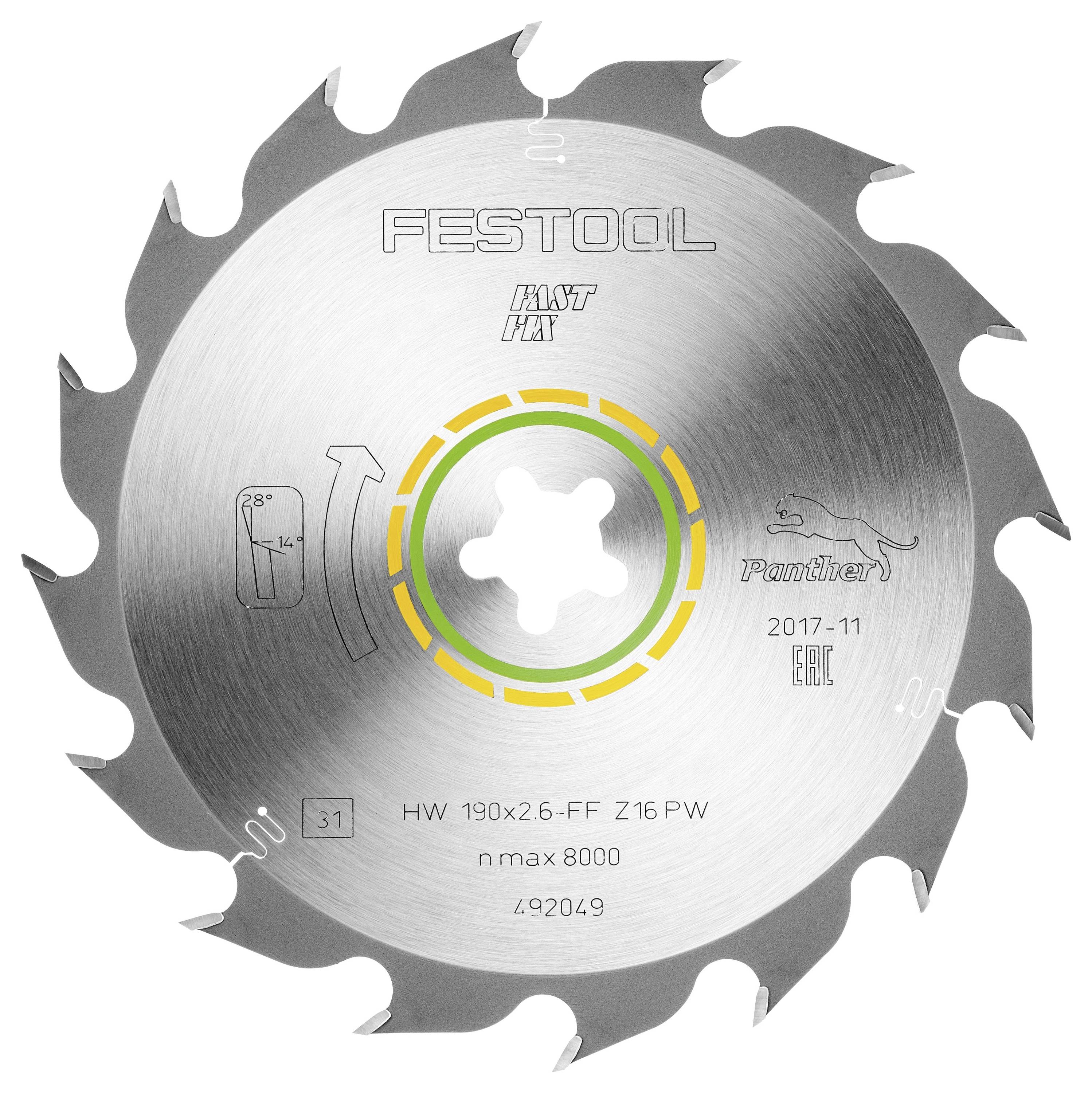 Ein Kreissägeblatt mit gezackten Zähnen, mit der Bezeichnung „Festool Panther