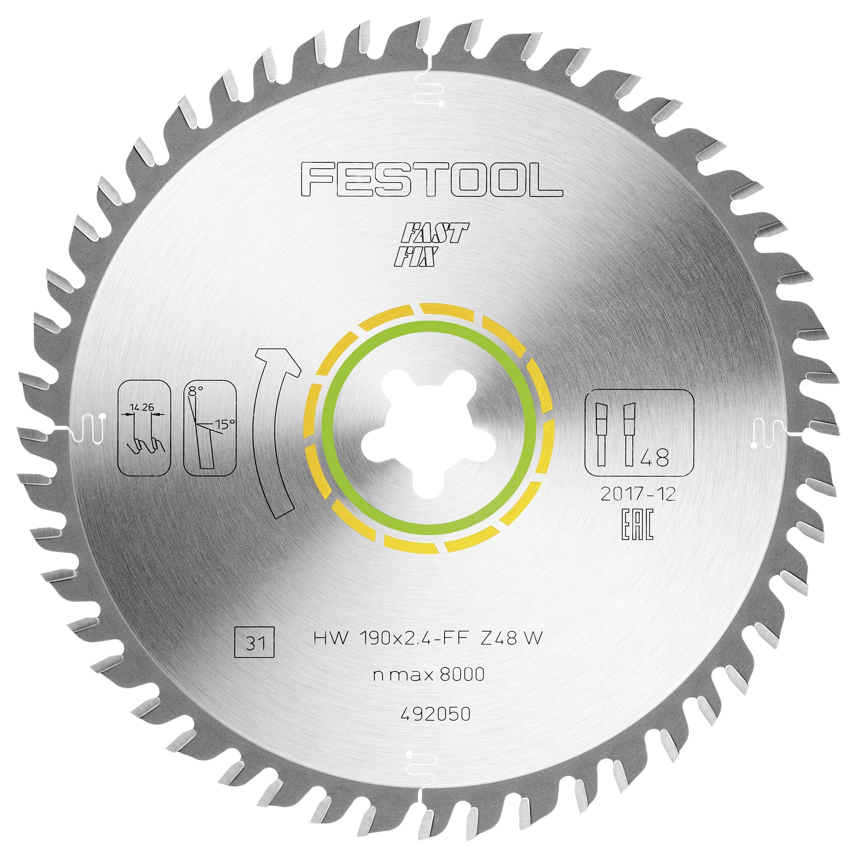Kreissägeblatt mit Marke 'Festool', Schnittindikatoren, Drehrichtung, Spezifikationen: HW 190x2,4-FF Z48 W, n max 8000.