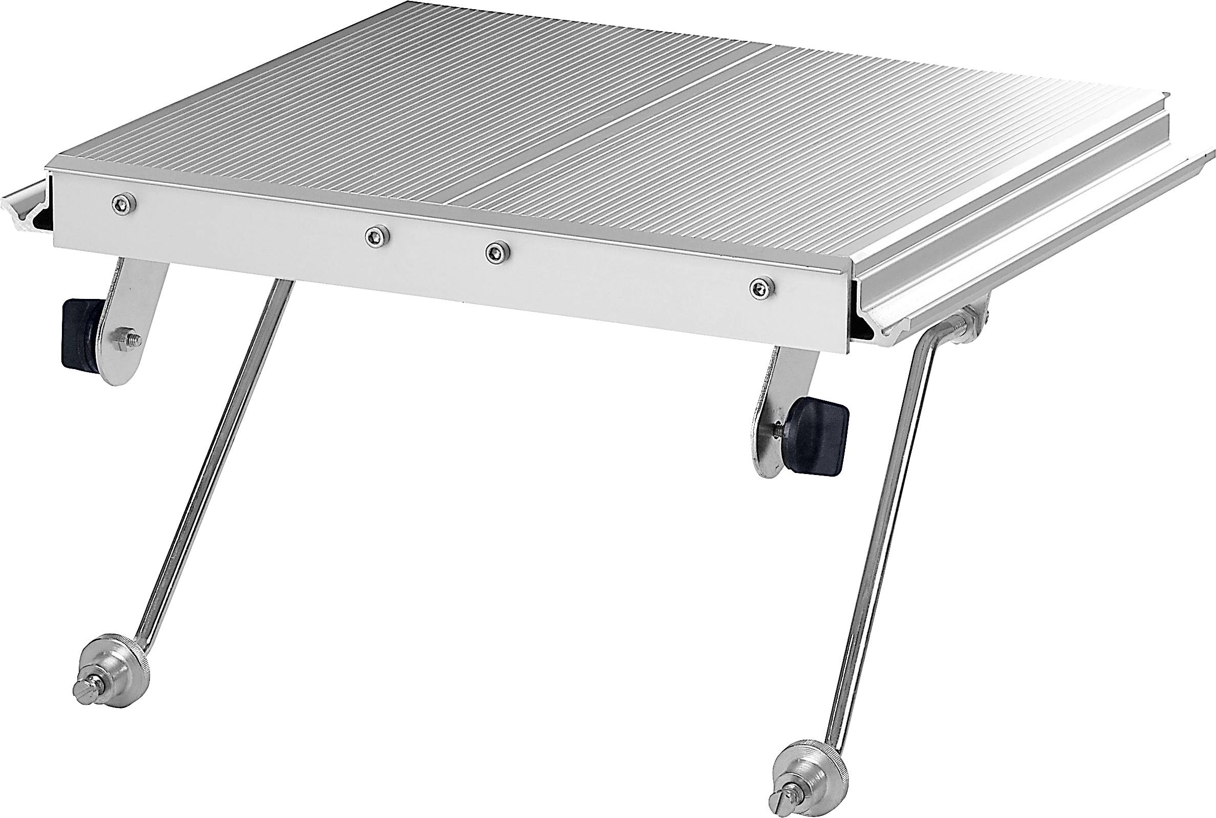 Ein klappbarer Laptop-Ständer aus Silber mit verstellbaren Metallbeinen, entwickelt, um einen Laptop auf eine komfortable Betrachtungshöhe anzuheben.