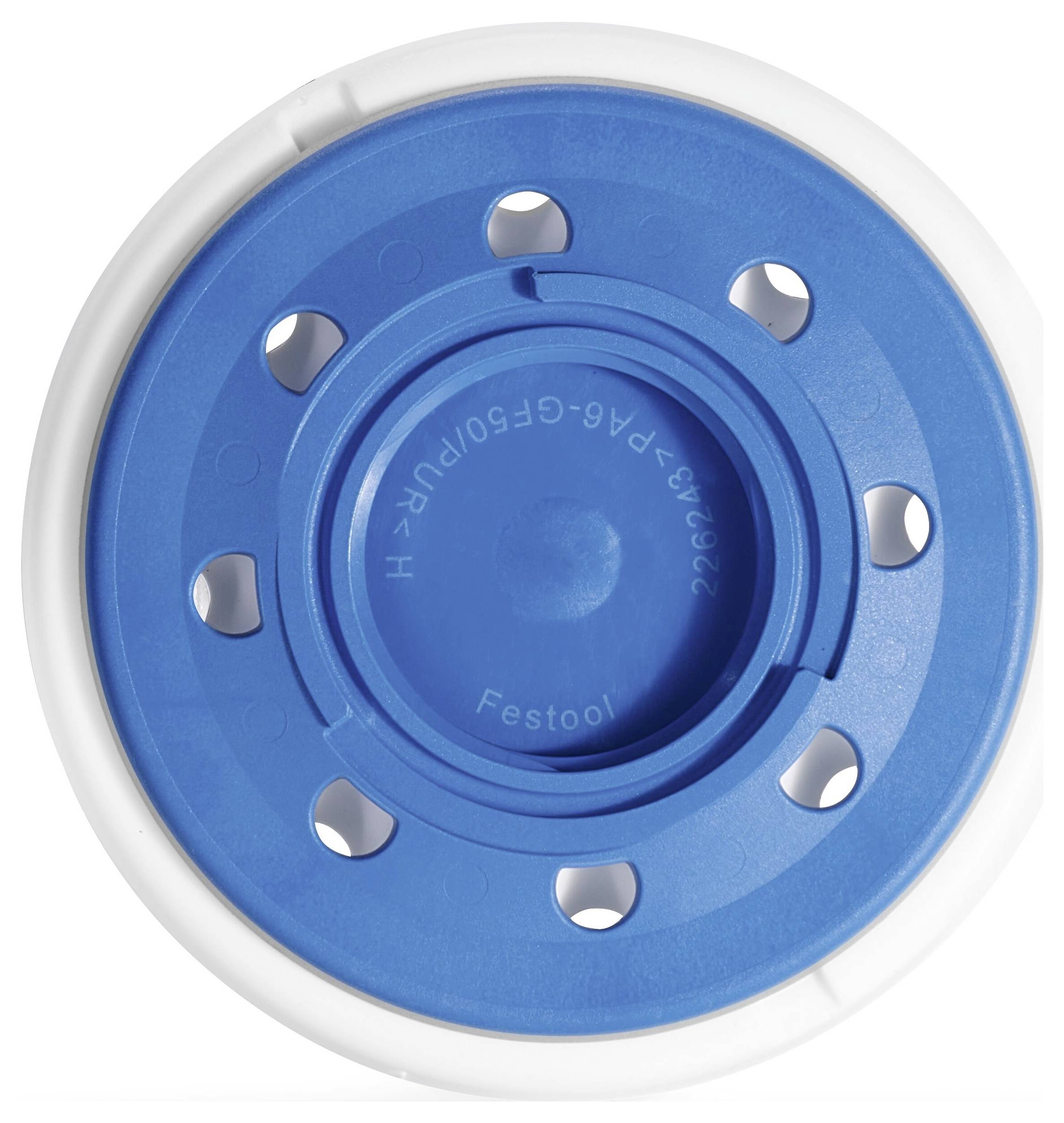 'Festool'-Schleifteller mit blauem Kreisdesign und mehreren Löchern, wahrscheinlich zur Verwendung als Werkzeuganbauteile oder Schleifscheibenauflage.