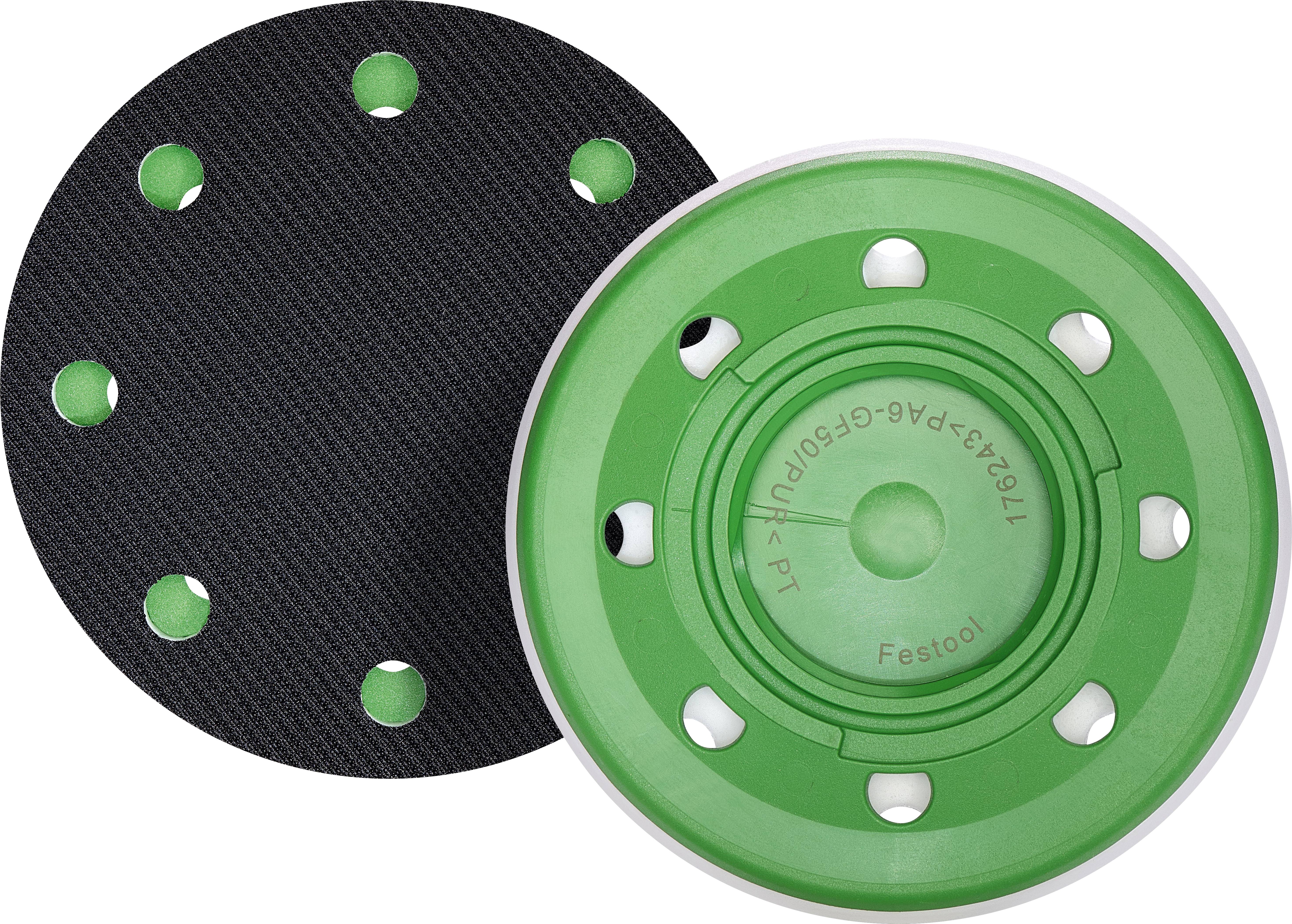 Zwei grüne kreisförmige Schleifteller, einer zeigt eine strukturierte Oberfläche mit acht Löchern, die andere Seite schwarz mit entsprechenden Löchern, beschriftet mit „Festool