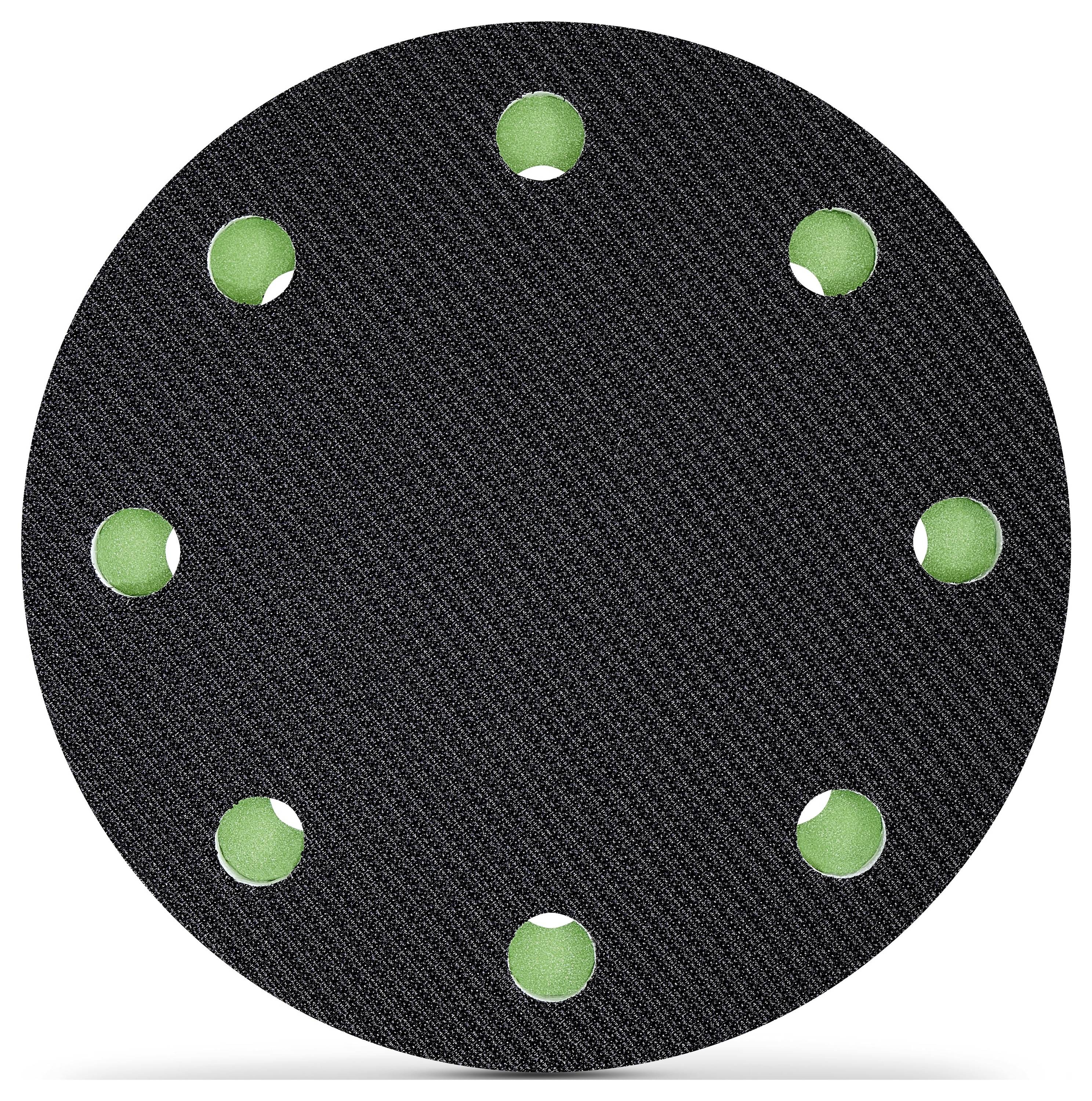 Ein schwarzer Schleifteller mit acht gleichmäßig verteilten grünen Löchern.