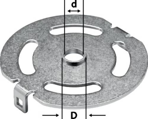 Eine metallische Kreisplatte mit drei länglichen Schlitzen und einem zentralen Loch, gekennzeichnet mit 'd' und 'D' für Innen- und Außendurchmesser.