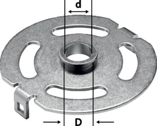 Ein runder Metallabstandhalter mit einem zentralen Loch und drei gebogenen Schlitzen. Gekennzeichnet mit Innendurchmesser „d