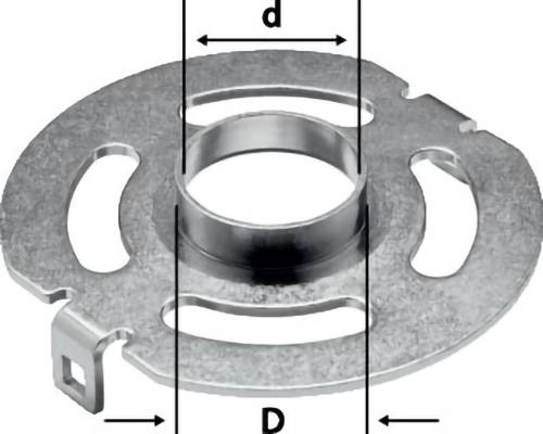 Eine metallische Kreiskomponente mit einem zentralen zylindrischen Abschnitt und drei gekrümmten Schlitzen, gekennzeichnet mit den Abmessungen „d