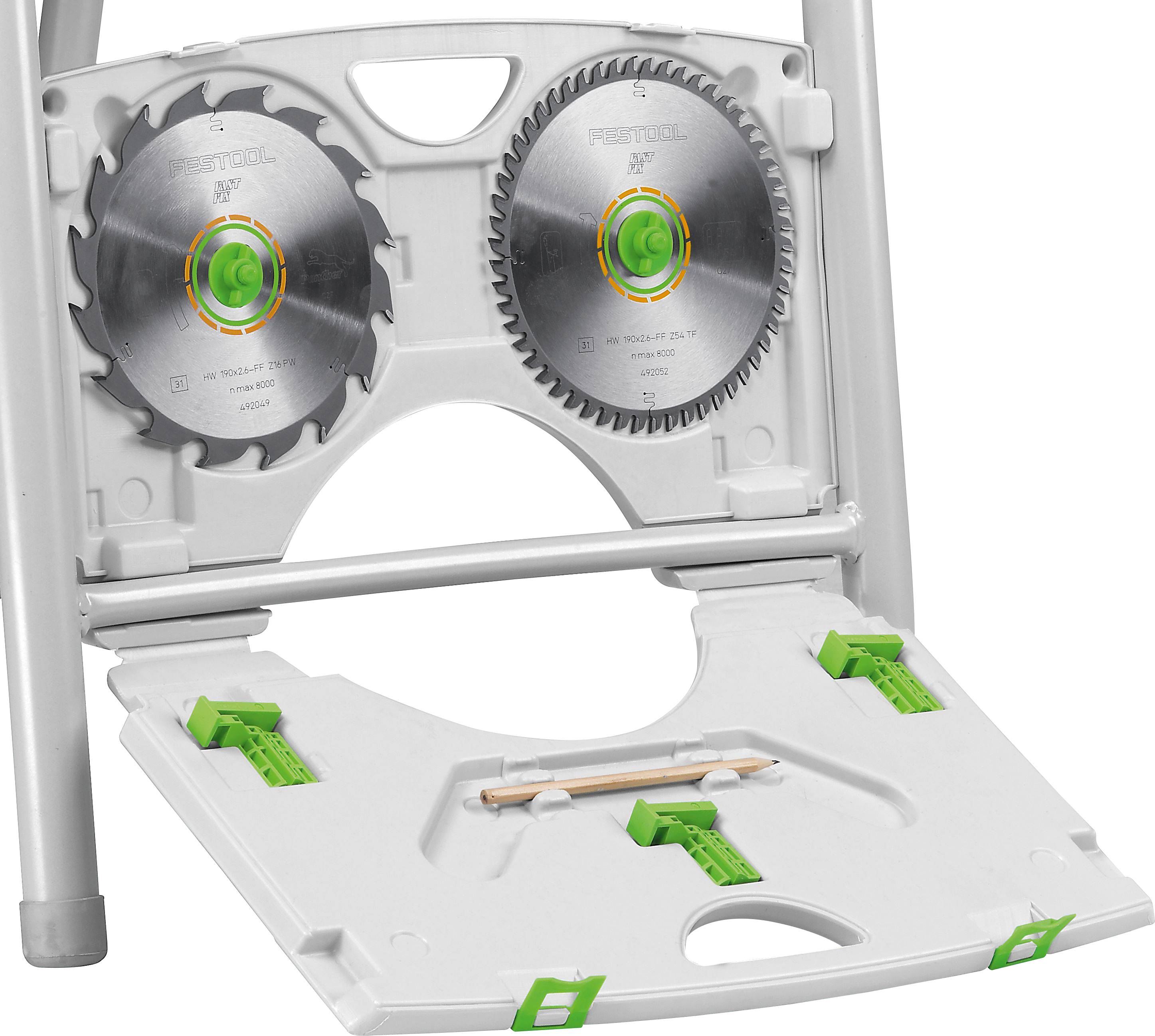 Speichereinheit für Sägeblätter mit zwei Kreissägeblättern, Sicherheitsverriegelungen und Griff für einfachen Transport.
