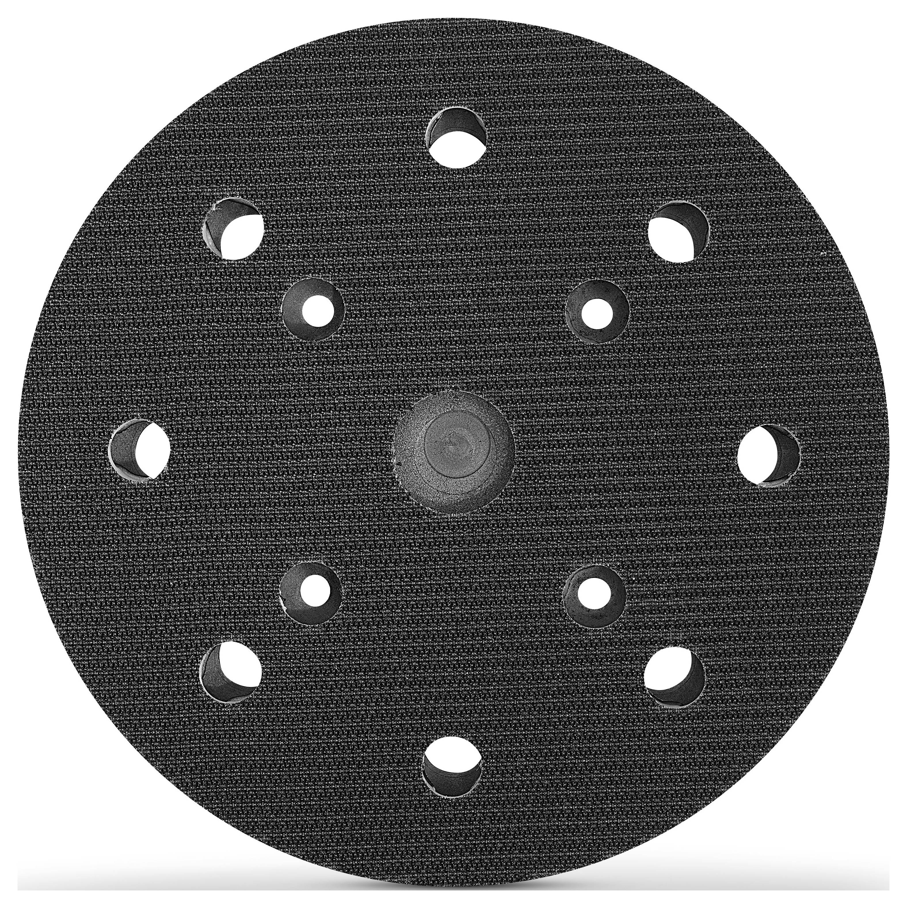 Ein schwarzes kreisförmiges Schleifpad mit neun gleichmäßig verteilten Löchern, das zur Befestigung an einem Elektroschleiffer konstruiert ist, um die Staubabsaugung zu ermöglichen.
