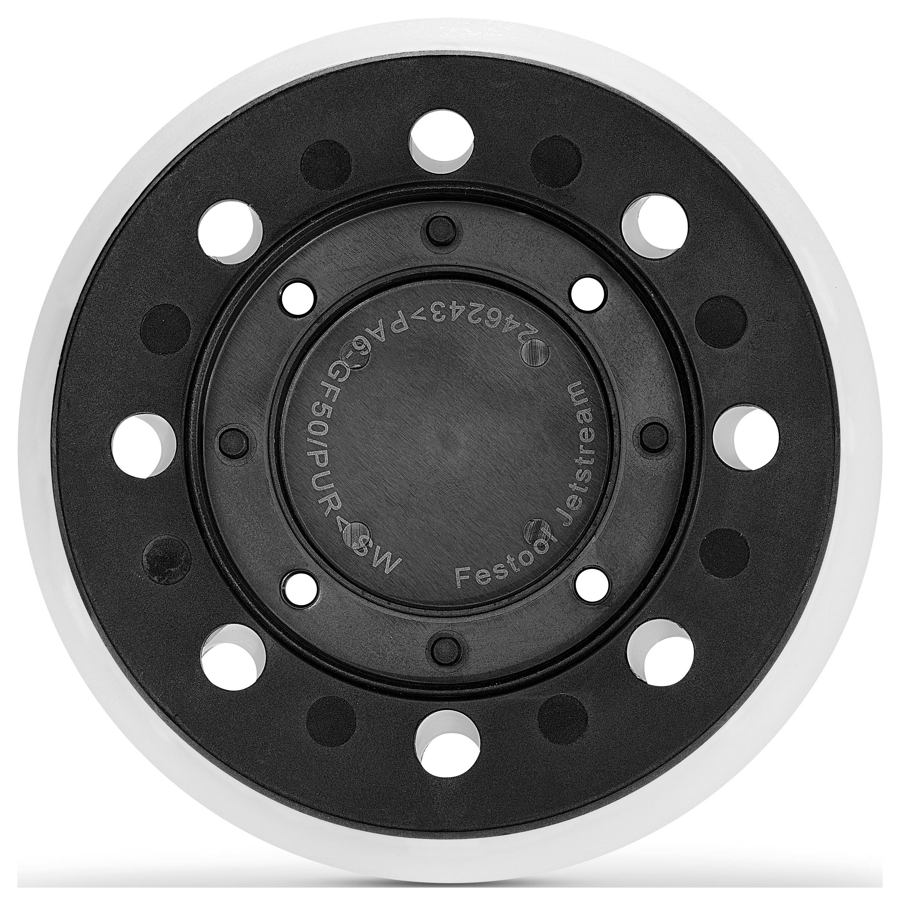 Ein schwarzes Festool Jetstream Schleifpad mit mehreren Löchern und darauf eingravierten Produktdetails, von oben betrachtet.