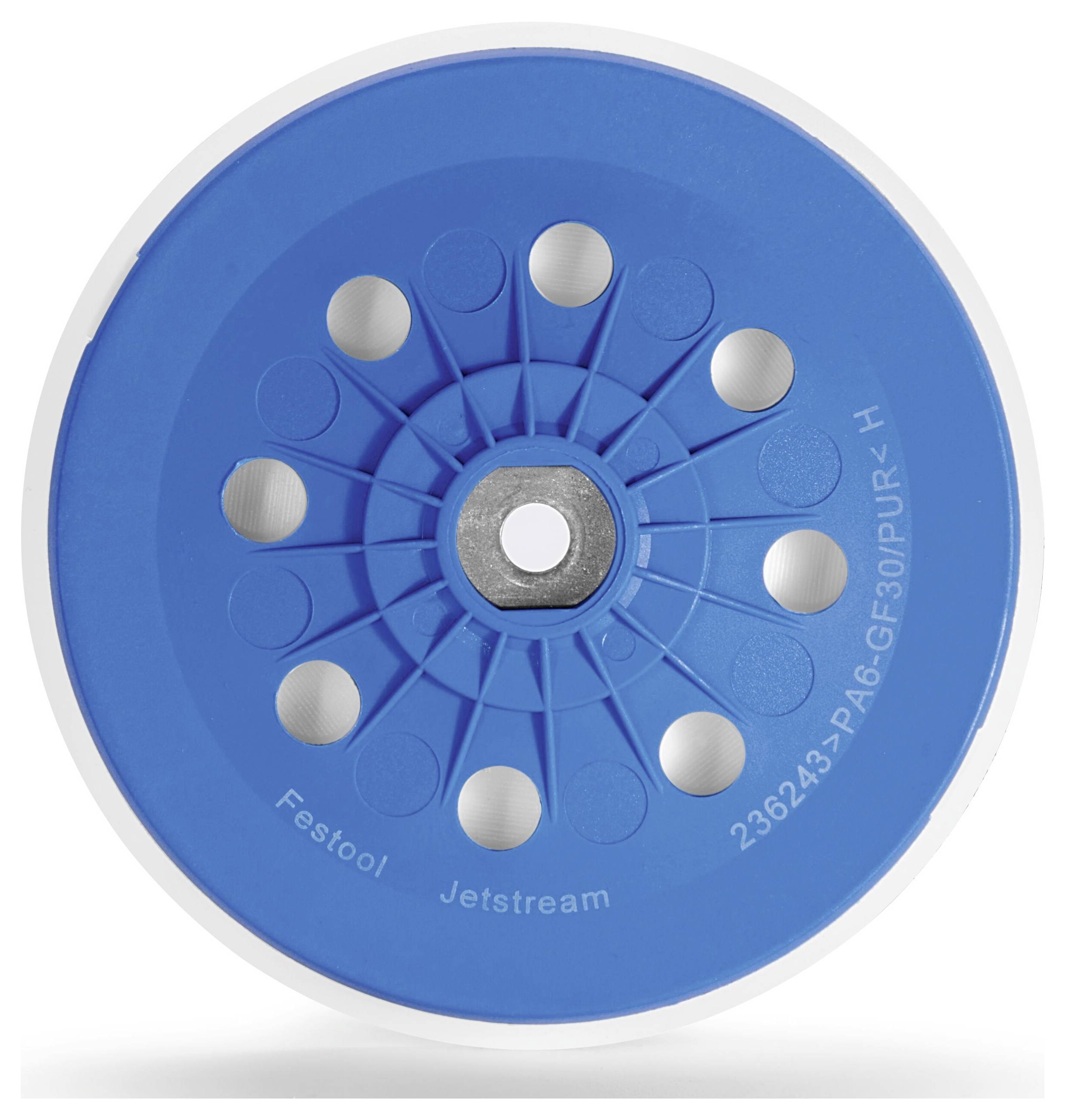 Ein blauer Festool Jetstream Schleifteller mit mehreren Löchern und einem zentralen Metallbefestigungspunkt, konstruiert für effiziente Staubabsaugung.