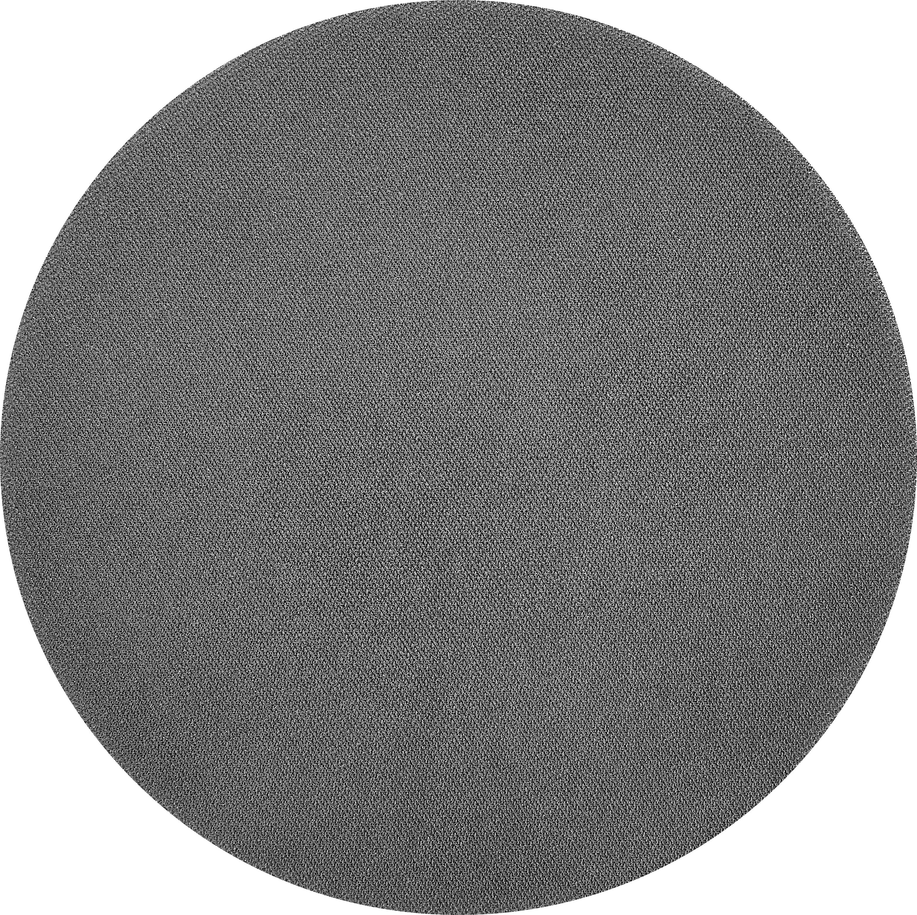 Eine graue, kreisförmige strukturierte Oberfläche, die Stoff ähnelt.