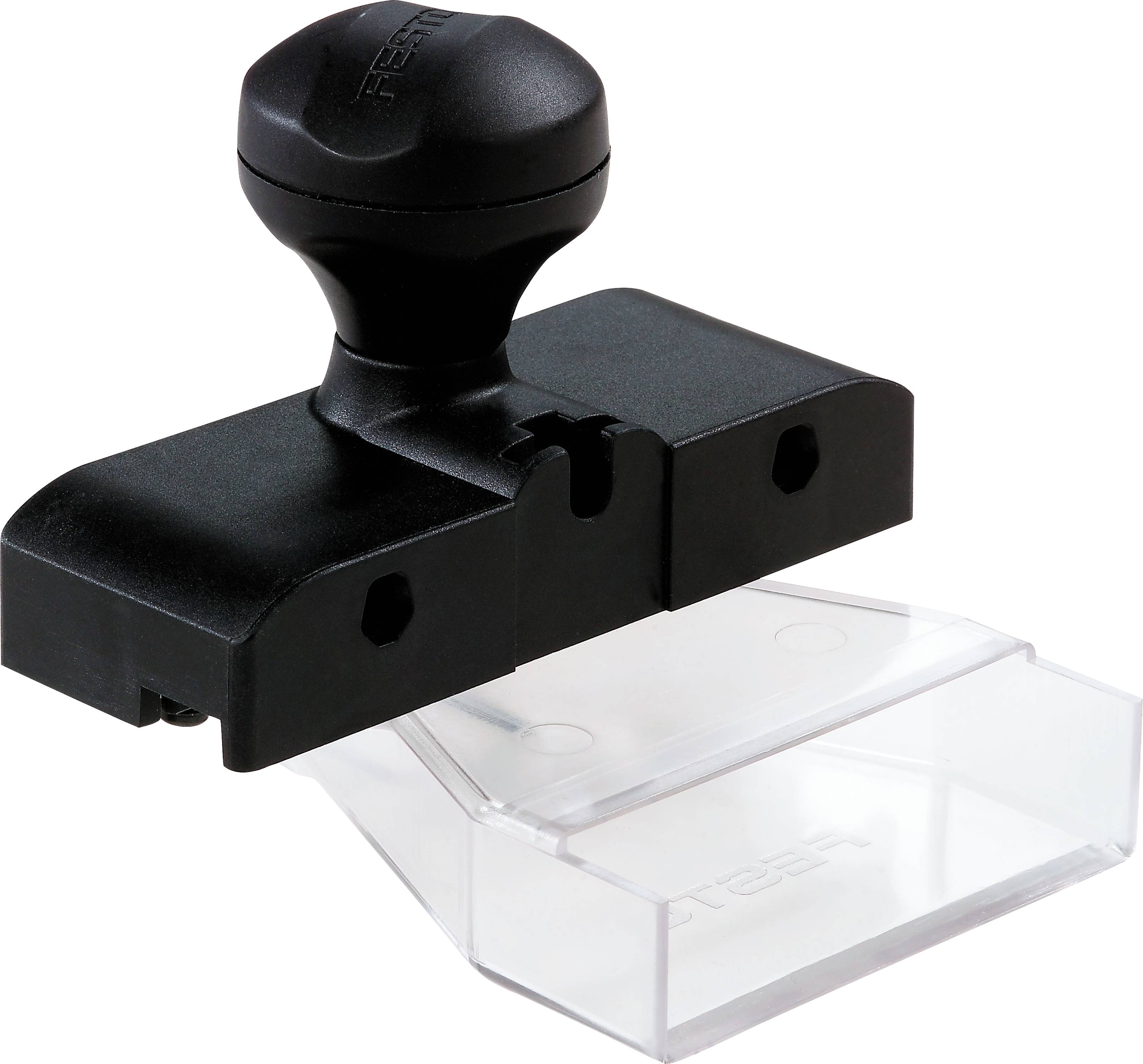 Ein schwarzer Tintenstempel mit einer flachen Gummibasis und einem Kunststoffgriff oben, konzipiert zum Markieren von Oberflächen mit Tinte, die in einem durchsichtigen Behälter vorgeladen ist.