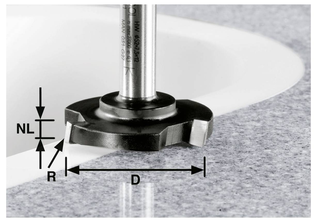 Ein kreisförmiges Werkzeug zur Anpassung der Kante einer Spülenarbeitsplatte mit Beschriftungen, die Messungen angeben: NL (oben), R (rechts) und D (unten).