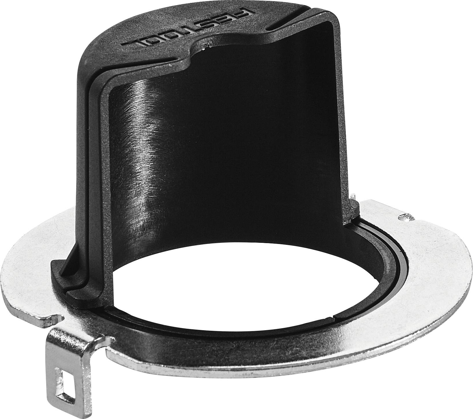 Eine schwarze und silberne Festool-Werkzeugkomponente mit kreisförmiger Basis, erhöhtem Rand und Befestigungslasche zur Montage.