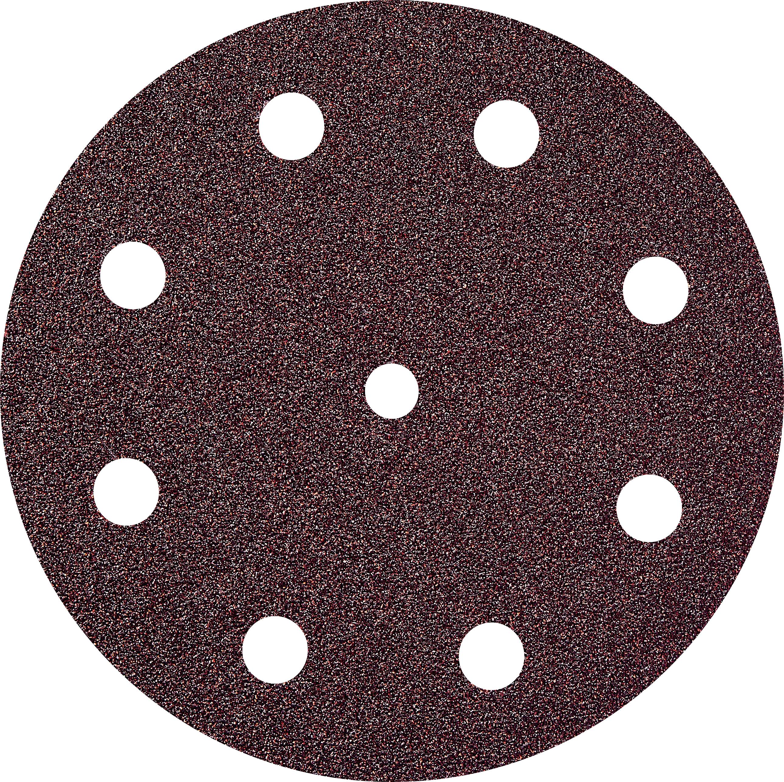 Eine kreisförmige Schleifpapierscheibe mit acht gleichmäßig verteilten Löchern, die zum Schleifen von Oberflächen bei Holz- oder Metallbearbeitungsprojekten verwendet wird.