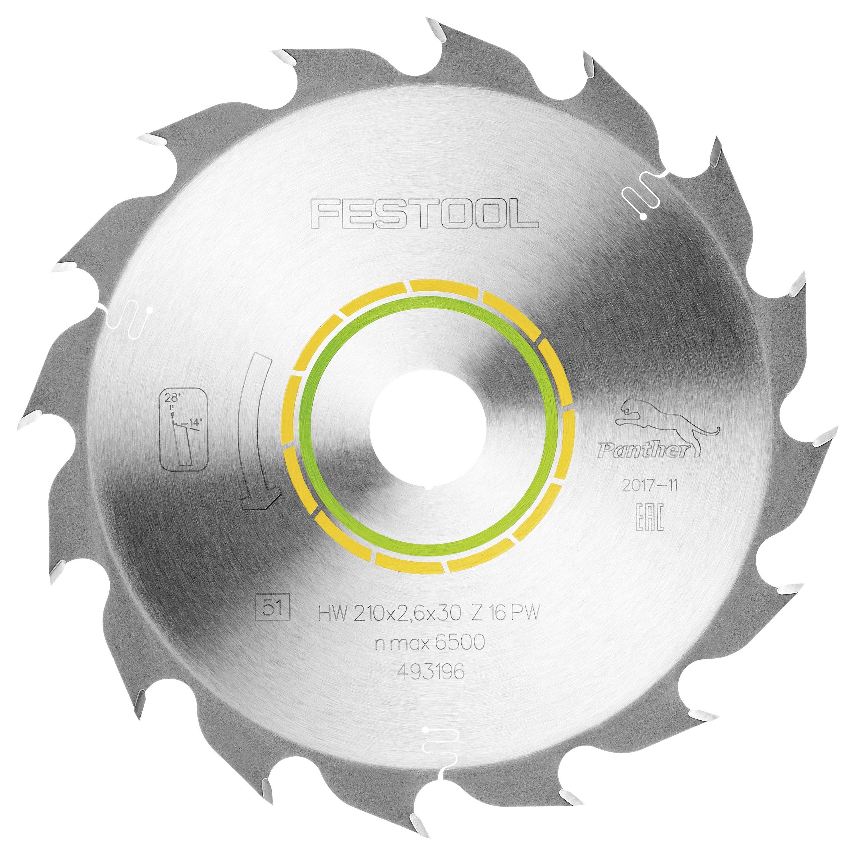 Festool-Sägeblatt mit gezackten Kanten, Modell Panther 2017, HW 210x2,6x30 Z 16 PW, max. 6500 U/min, Code 493196, mit Richtungspfeilen.