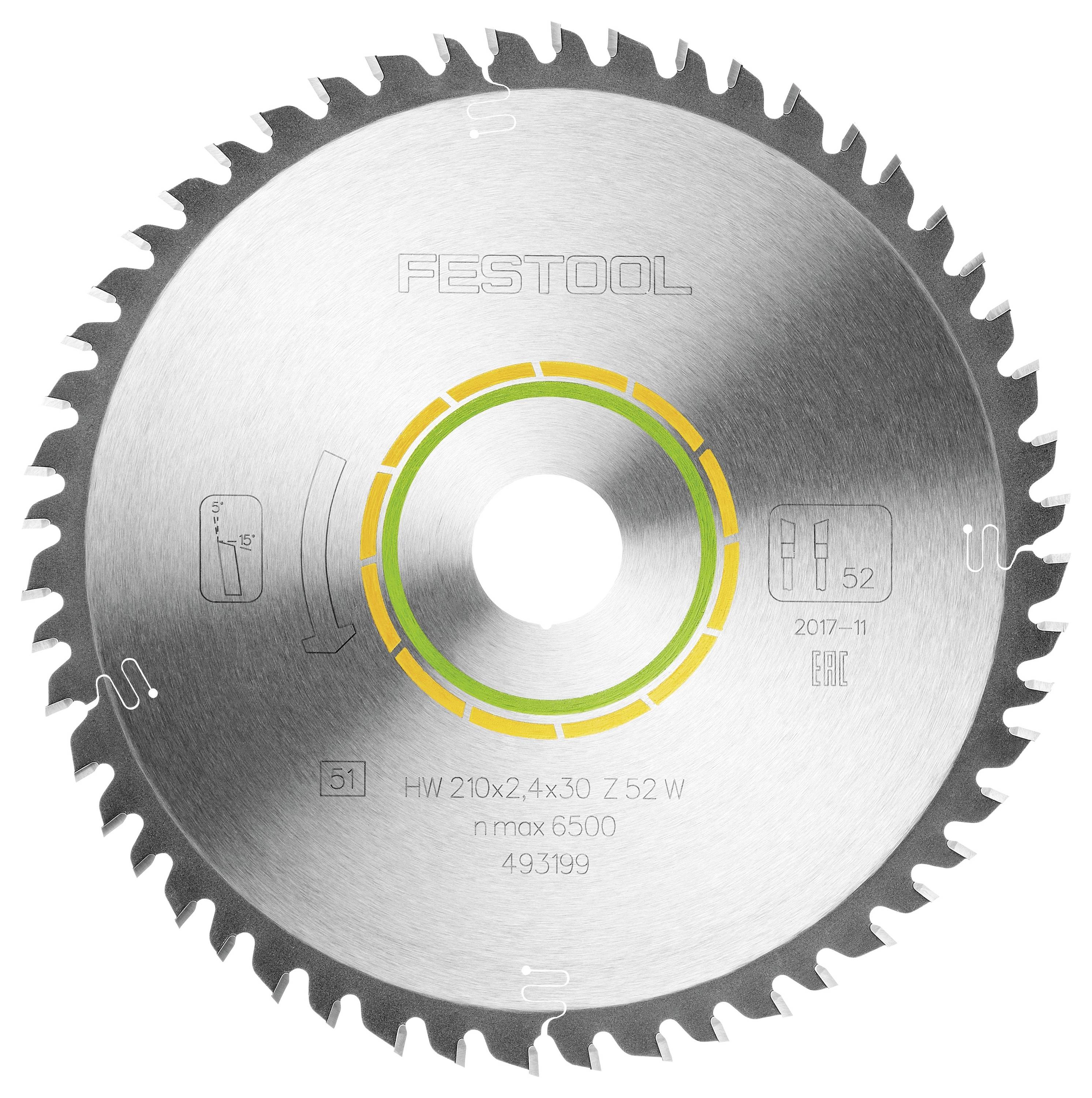 Ein Kreissägeblatt mit scharfen Zähnen, gekennzeichnet mit Marke und Spezifikationen: HW 210x2.4x30 Z52 W, n max 6500, 493199.