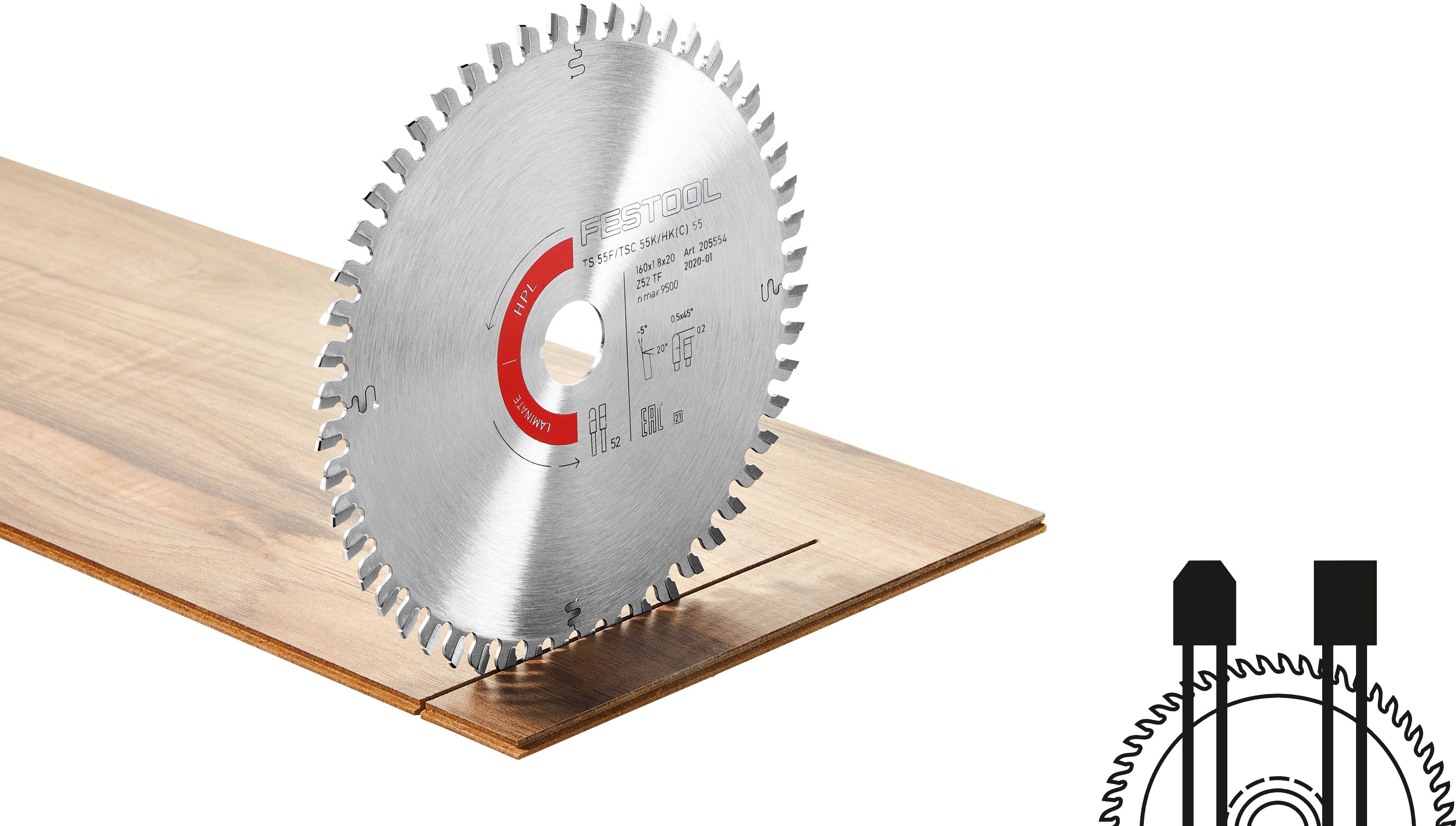 Ein Kreissägeblatt schneidet durch Holz; eine Illustration in der Ecke zeigt das Blatt und die Ausrichtung.