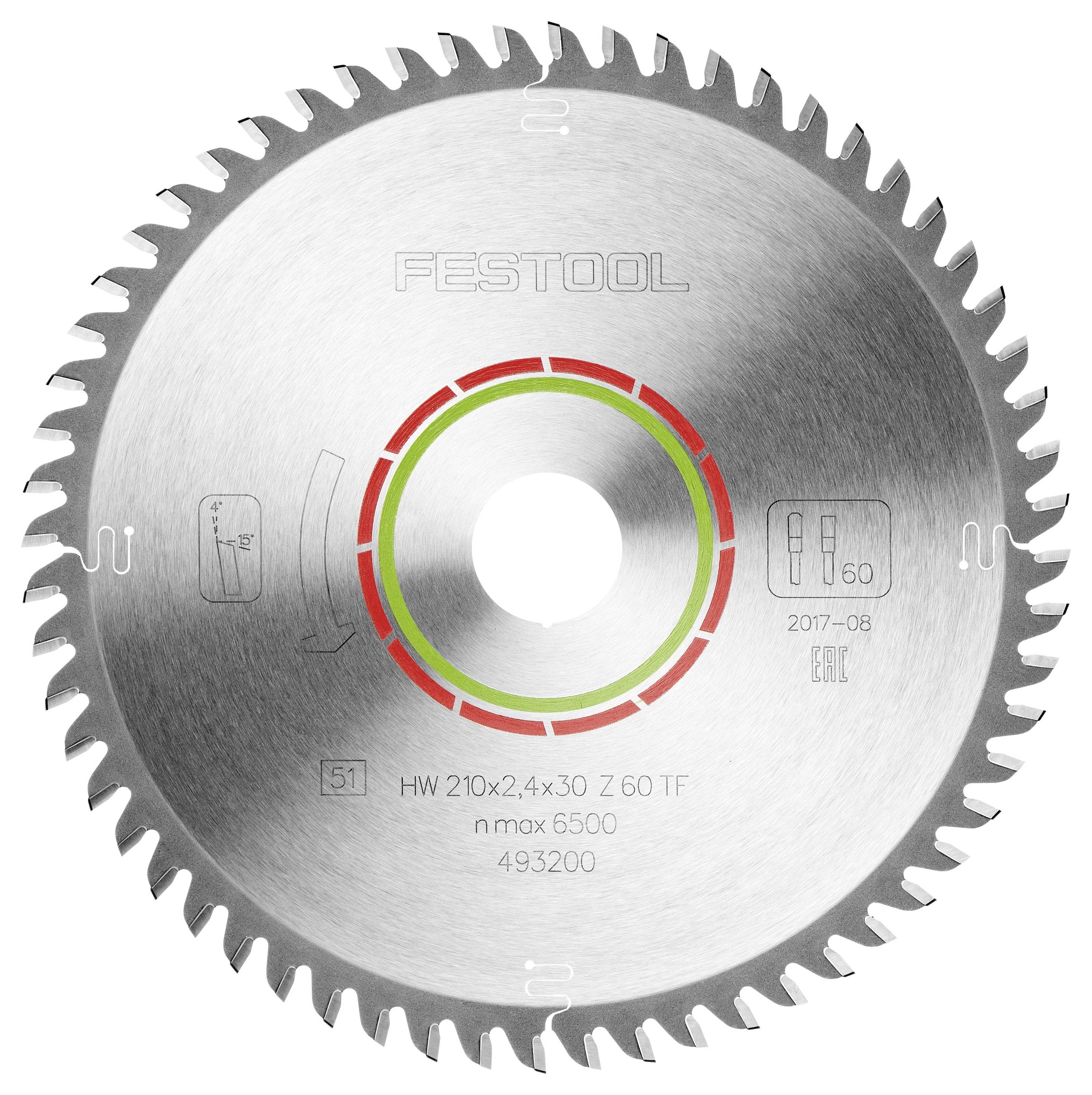 Ein kreisförmiges silberfarbenes Festool-Sägeblatt mit scharfen Zähnen, gekennzeichnet mit den Spezifikationen: HW 210x2.4x30 Z 60 TF, max 6500 RPM, 493200.