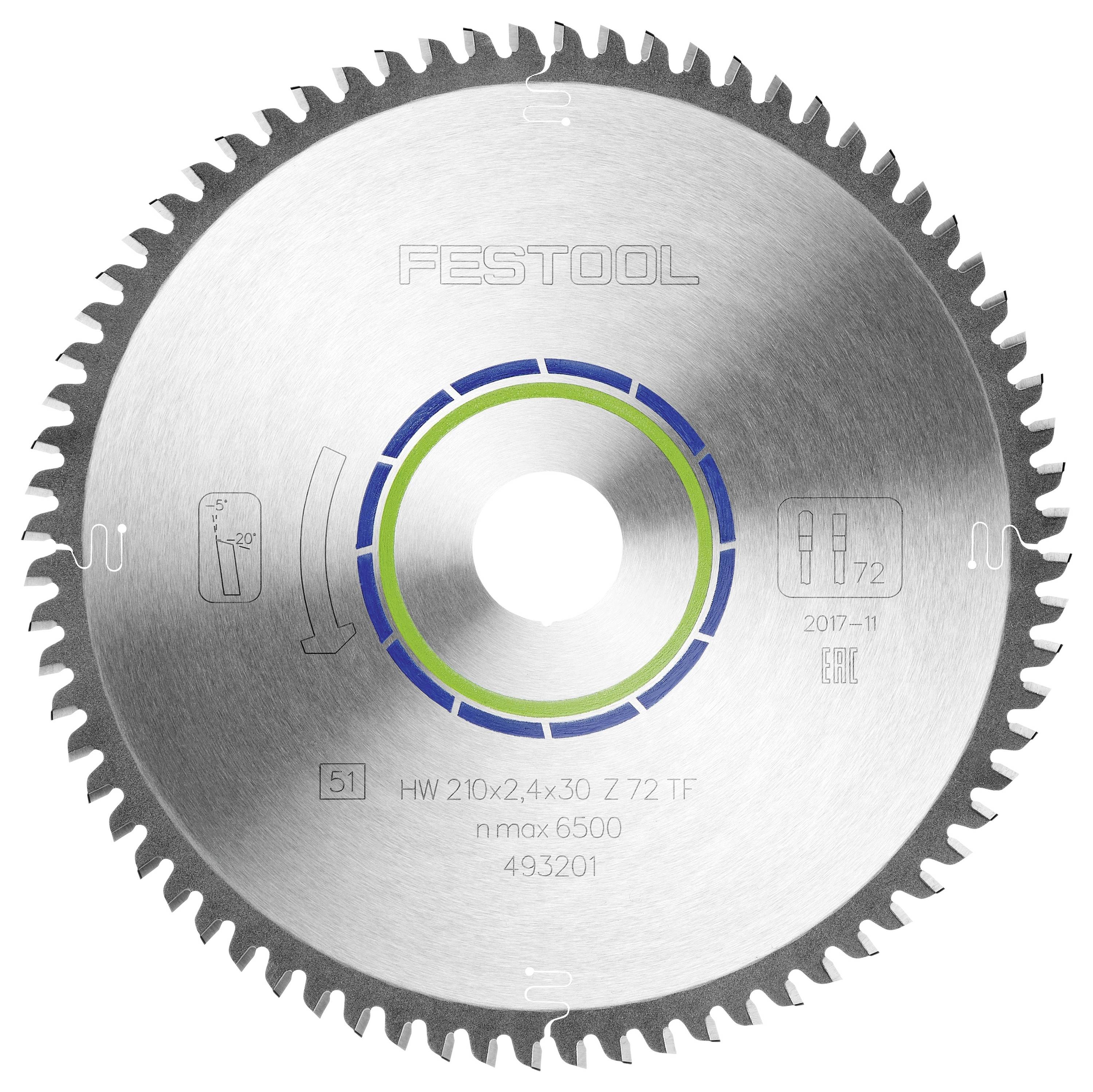 Kreissägeblatt mit 48 scharfen Zähnen, zentralem Logo und Spezifikationen: 'HW 210x2,4x30 Z 72 TF nmax 6500 493201'.