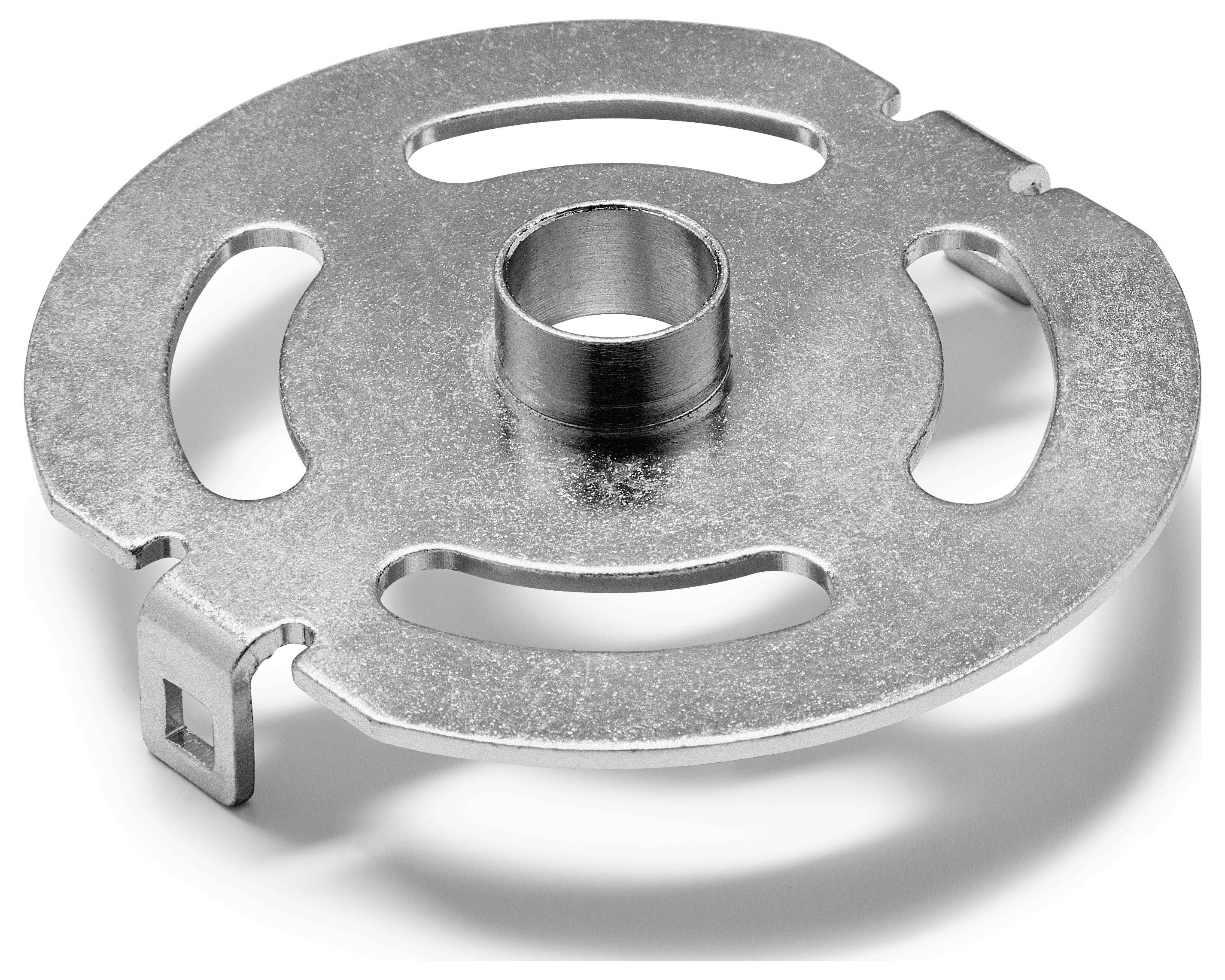 Ein kreisförmiges Metallteil mit drei ovalen Ausschnitten und einem zentralen zylindrischen Nabe, konzipiert für mechanische Montage oder Befestigung.