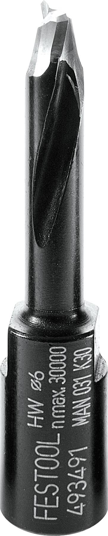 Ein schwarzer Festool-Bohrer mit spitzer Spitze und Spiralnut, beschriftet mit Spezifikationen wie 