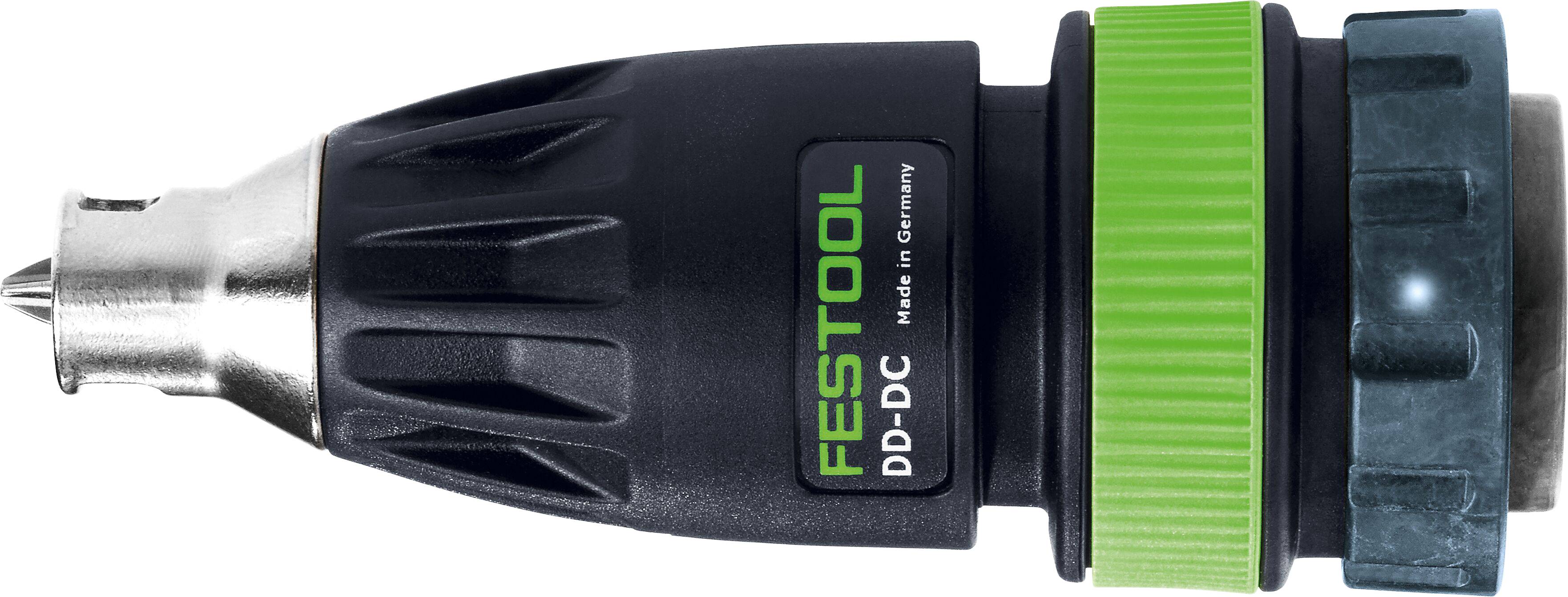 Eine Nahaufnahme eines Festool DD-DC Bohr-Zubehörs mit schwarzem Gehäuse und grünem Ring, das seine Branding- und Designdetails hervorhebt.