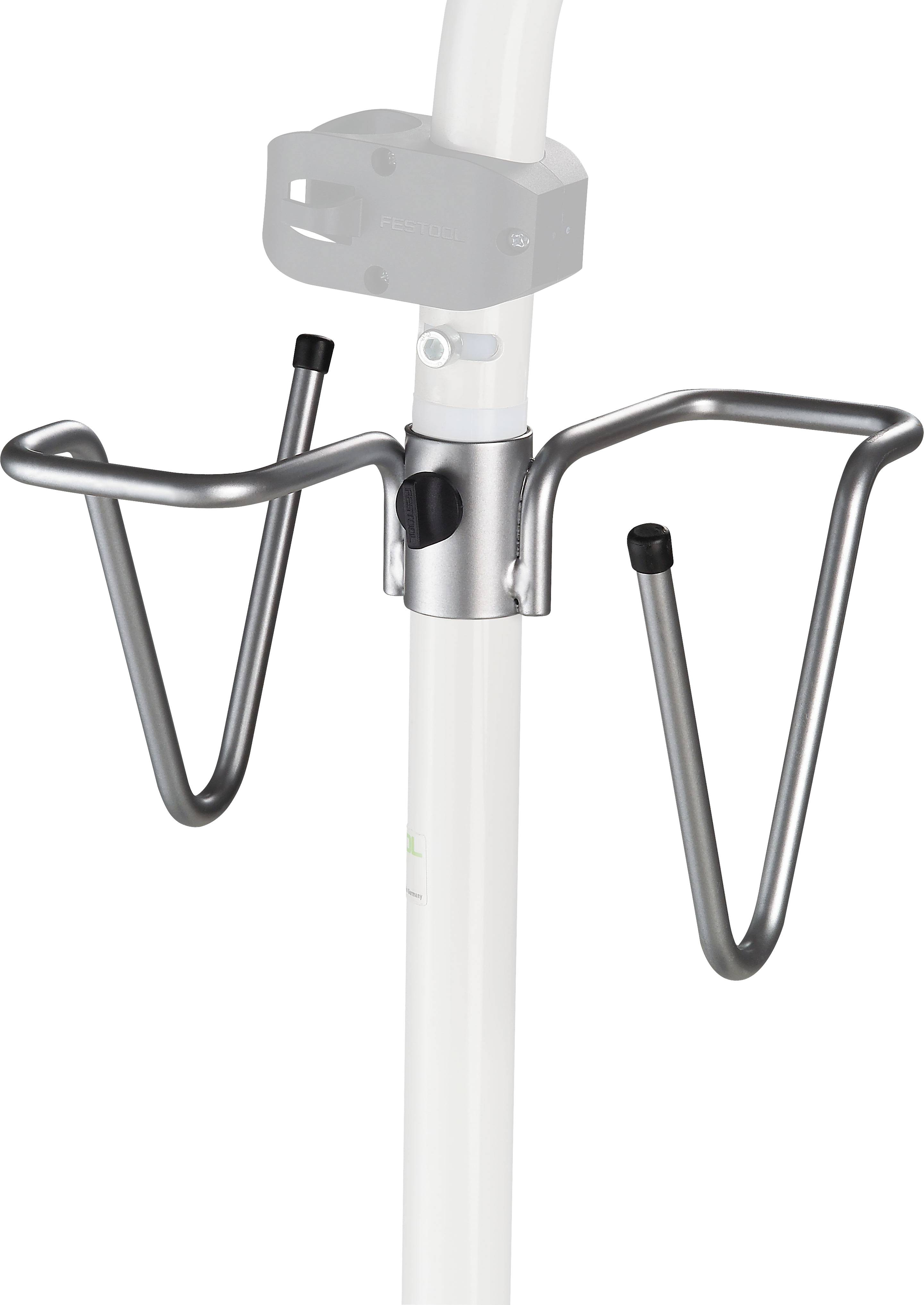 Intravenöse (IV) Stangenaufstellung mit einem Metallrahmen mit zwei Haken zum Halten von Infusionsbeuteln, befestigt an einem vertikalen weißen Ständer.