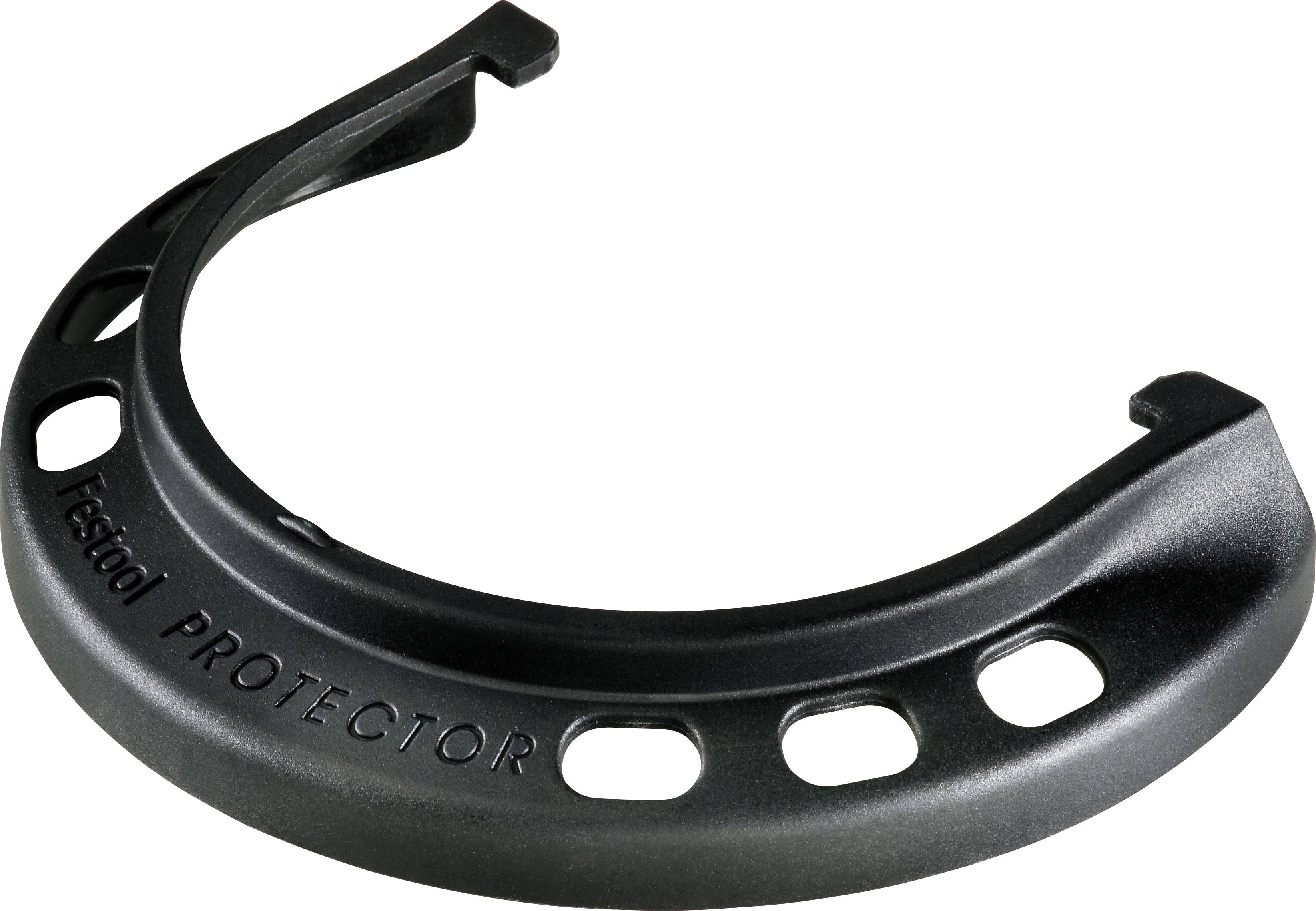 Ein schwarzer Festool-Schutz, eine gebogene Werkzeuganbringung mit mehreren Löchern, entwickelt um Oberflächen während des Gebrauchs zu schützen.