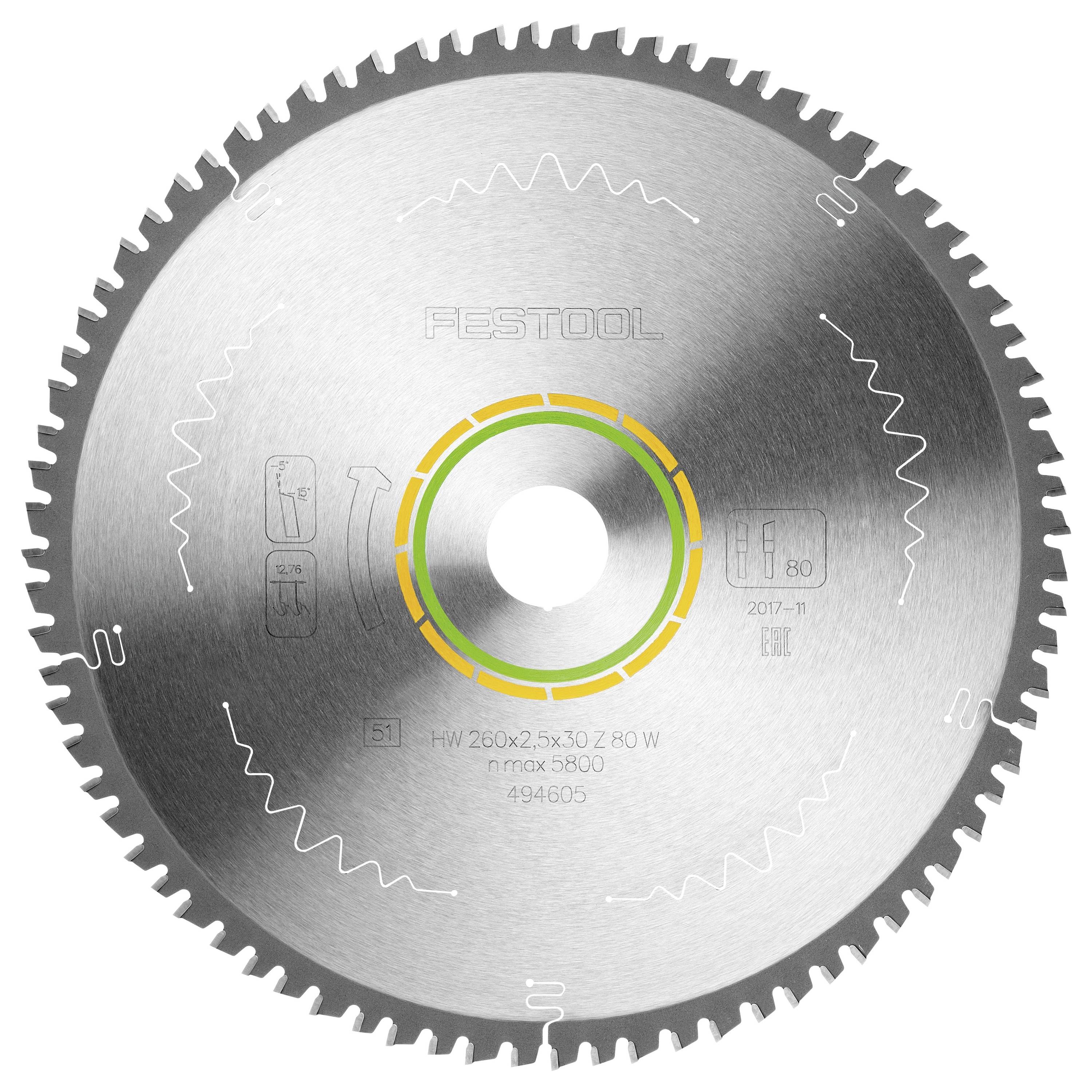 Ein Kreissägeblatt mit gleichmäßig verteilten Zähnen und Markierungen zur Größenangabe: HW 260x2.5x30 Z 80 W, nmax 5800. Markenname zentriert.