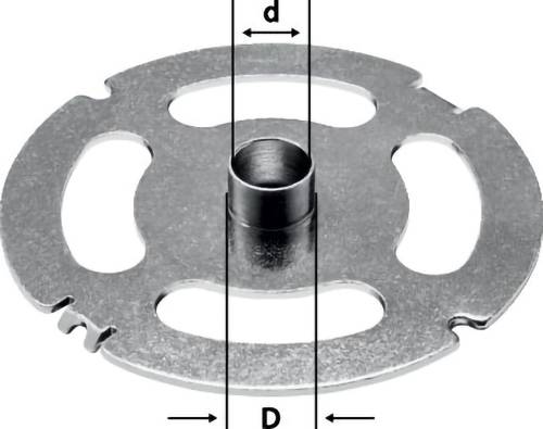 Eine Metallscheibe mit Löchern, die Maße 'd' und 'D' anzeigt, die innere und äußere Durchmesser angeben, relevant für Größenbestimmung oder Konstruktion.
