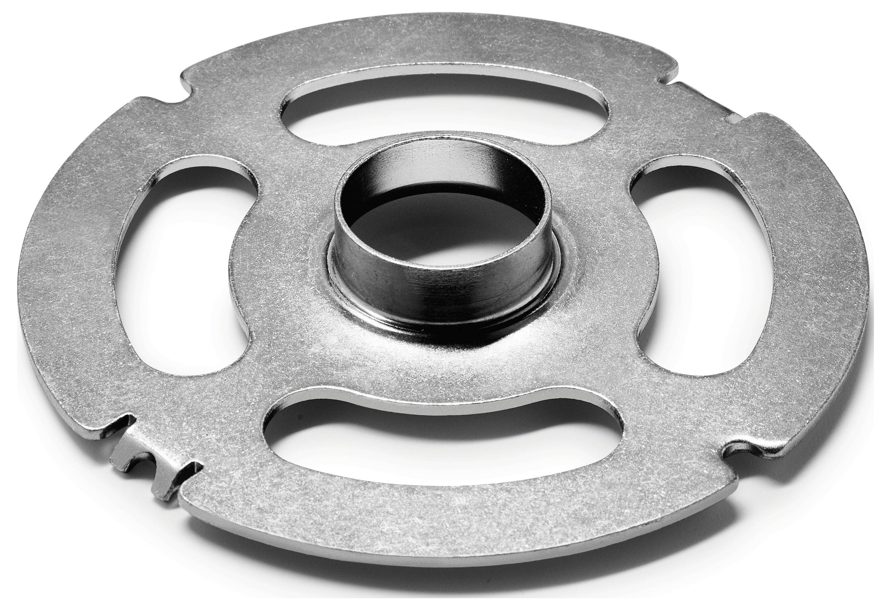 Ein metallisches Zahnrad mit kreisförmiger Form, einer zentralen Bohrung, drei gekrümmten Ausschnitten und zwei Kerben, das in mechanischen Anwendungen verwendet wird.