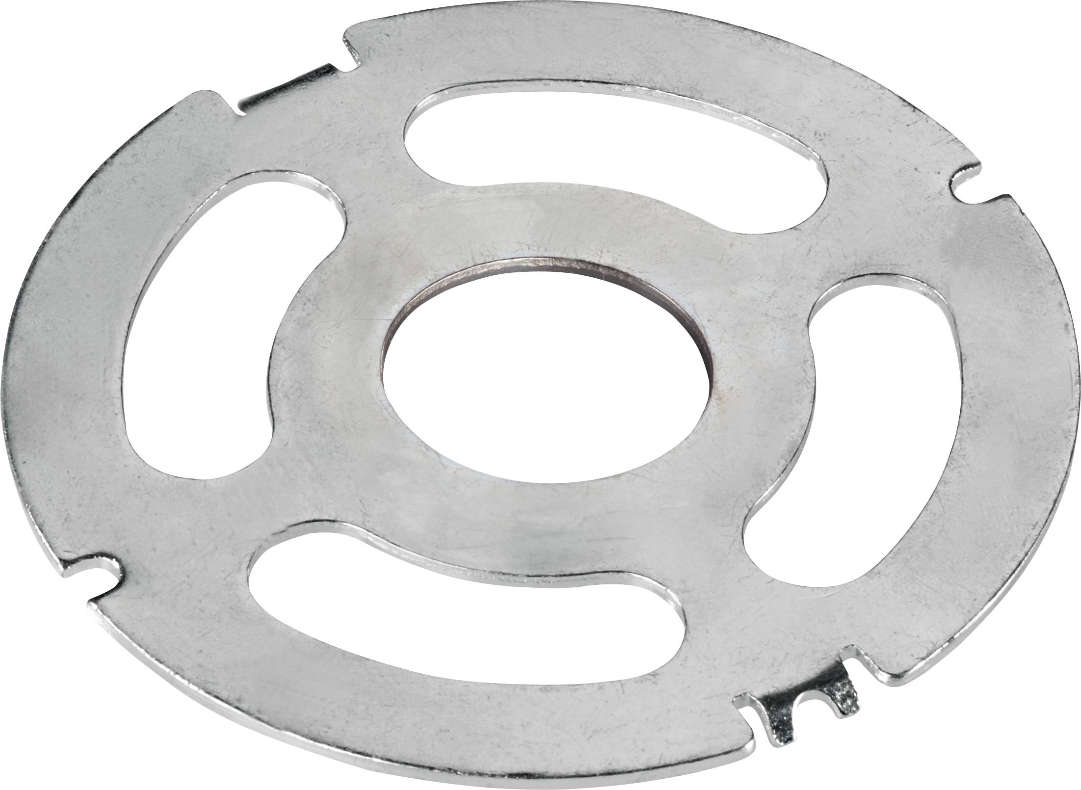 Eine metallische Kreisscheibe mit mehreren länglichen Ausschnitten, die ein zentrales Loch umgeben, möglicherweise Teil eines mechanischen oder industriellen Werkzeugs.