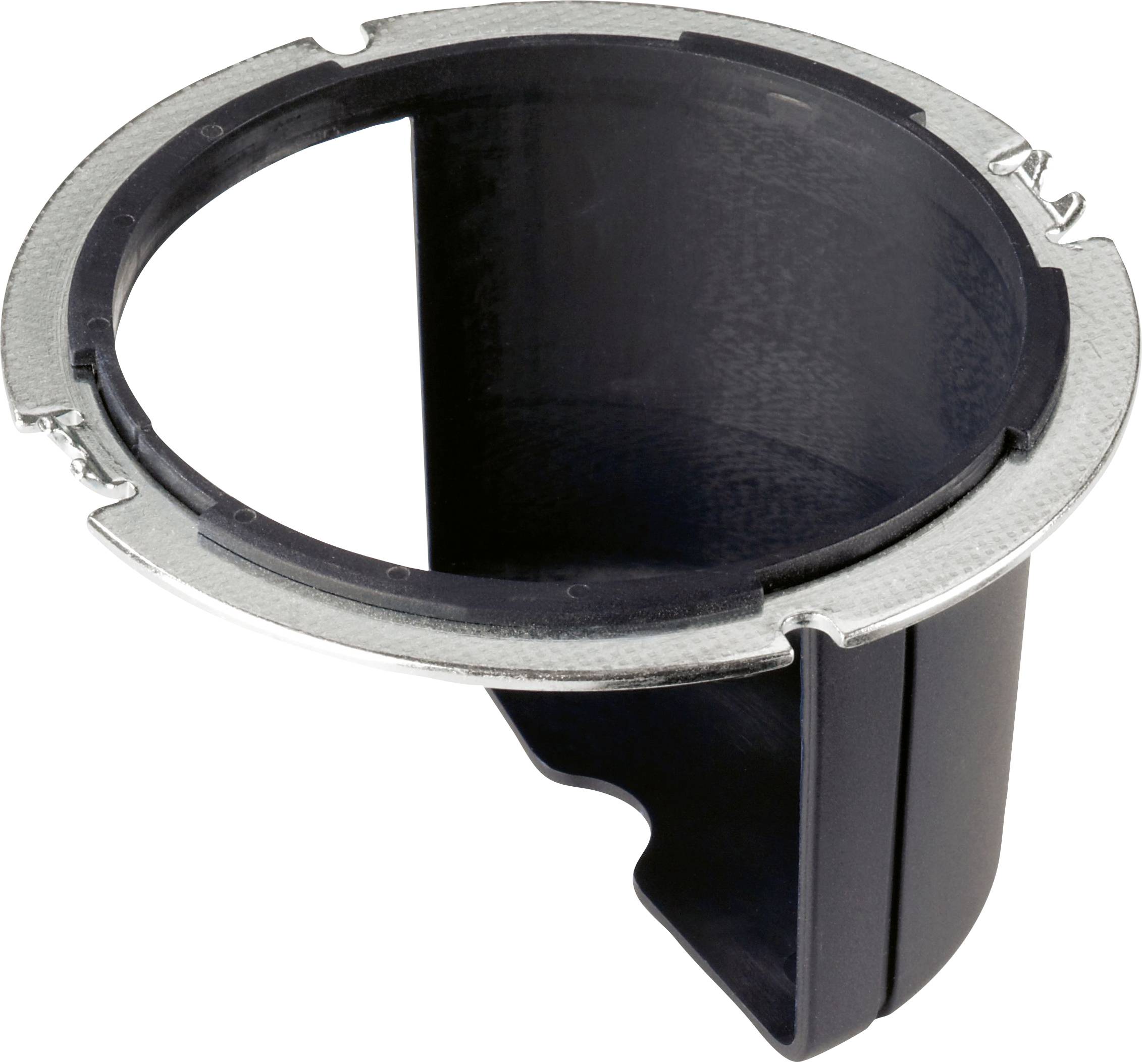 Ein Getränkehalter-Einsatz aus Silber und schwarzem Kunststoff, konstruiert um in eine kreisförmige Öffnung zu passen, mit einem Flanschrand für Stabilität.