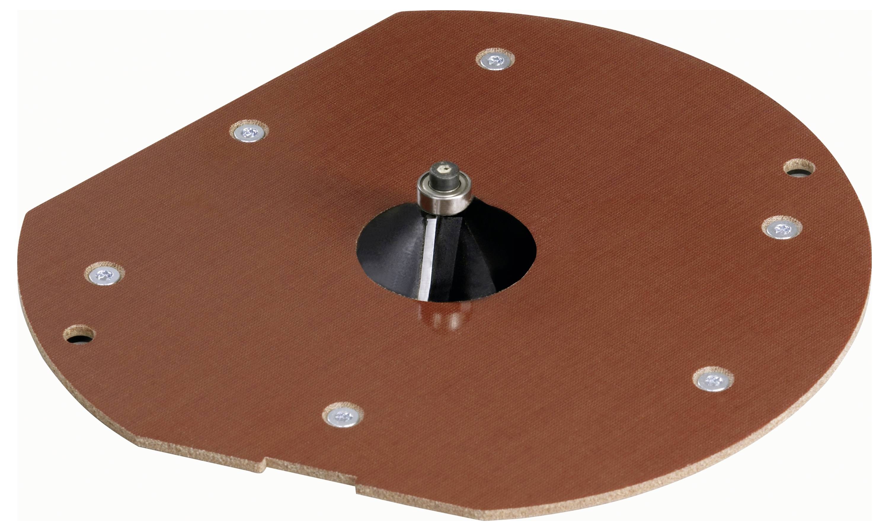 Eine kreisförmige, braune Tischplatte für einen Oberfräser mit einem zentralen Loch und einem angebrachten Metallkugellager in der Mitte, umgeben von sechs Schrauben.