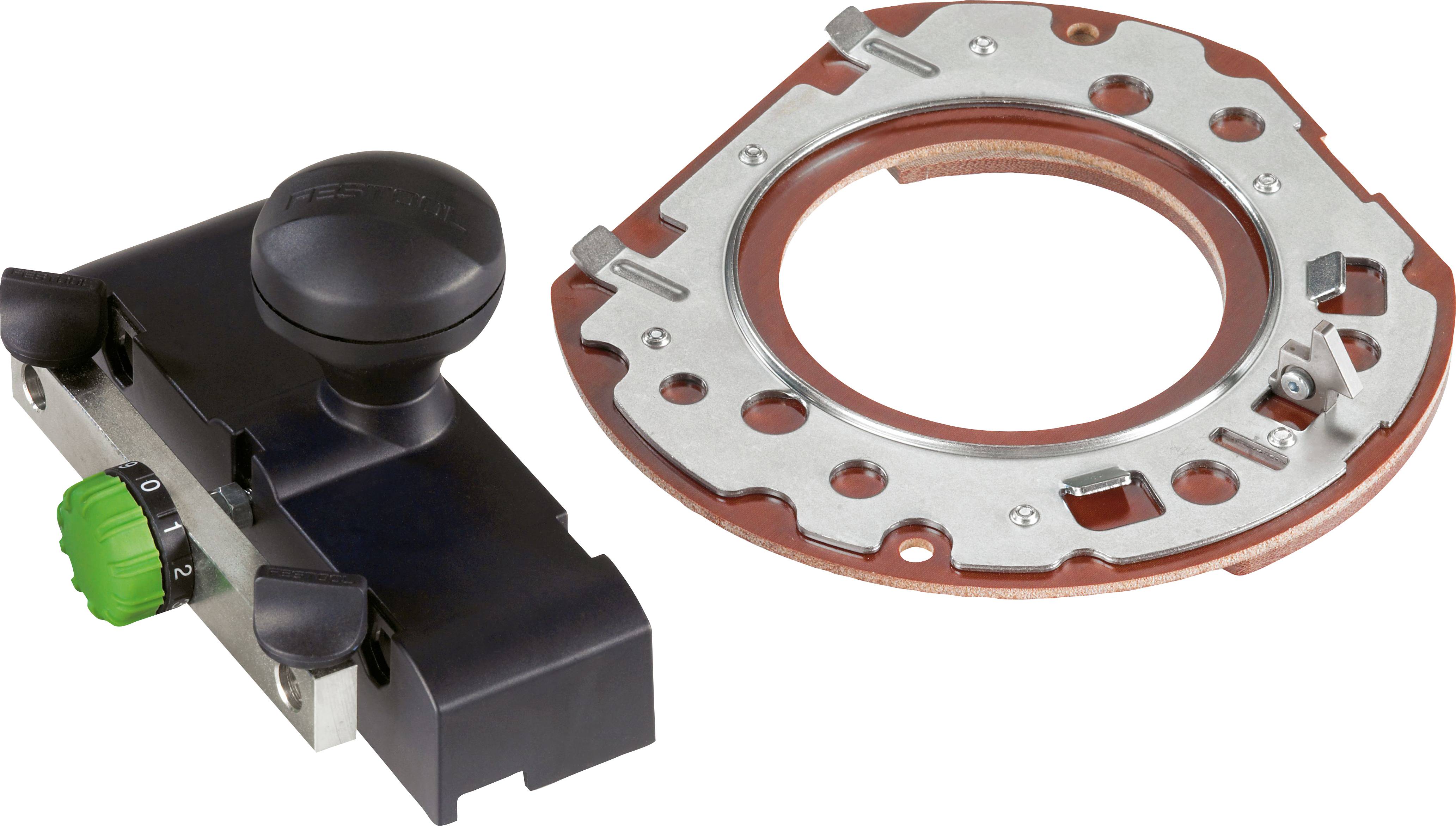 Drehknopf zur Tiefeneinstellung des Fräsers neben einer metallischen kreisförmigen Fräserschablonenhilfe, die Teile zeigt, die für präzise Holzbearbeitungsaufgaben verwendet werden.