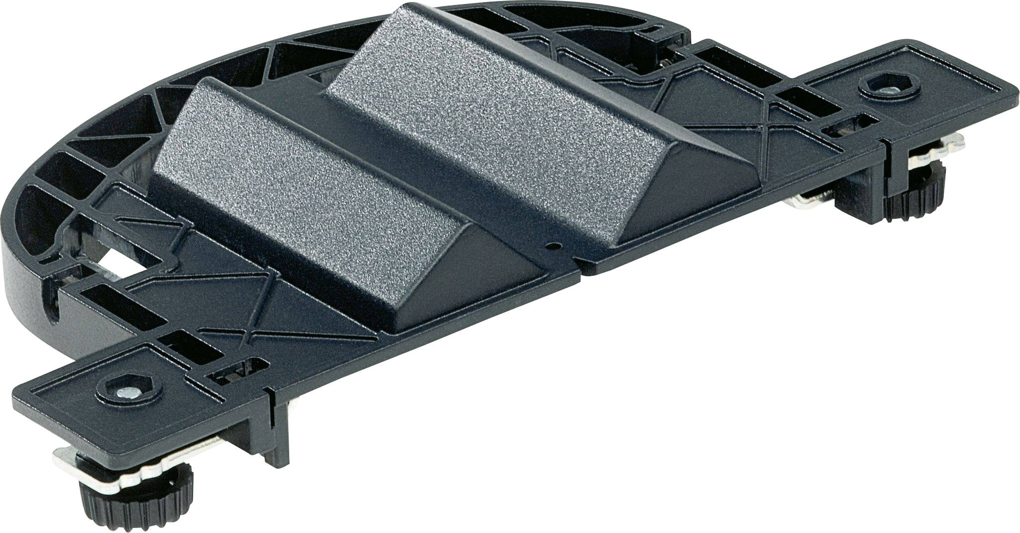 Ein schwarzes, rechteckiges Kunststoffteil mit gewölbter Oberseite und zwei verstellbaren Knöpfen auf der Unterseite, wahrscheinlich Teil eines Möbelbeschlagssystems.