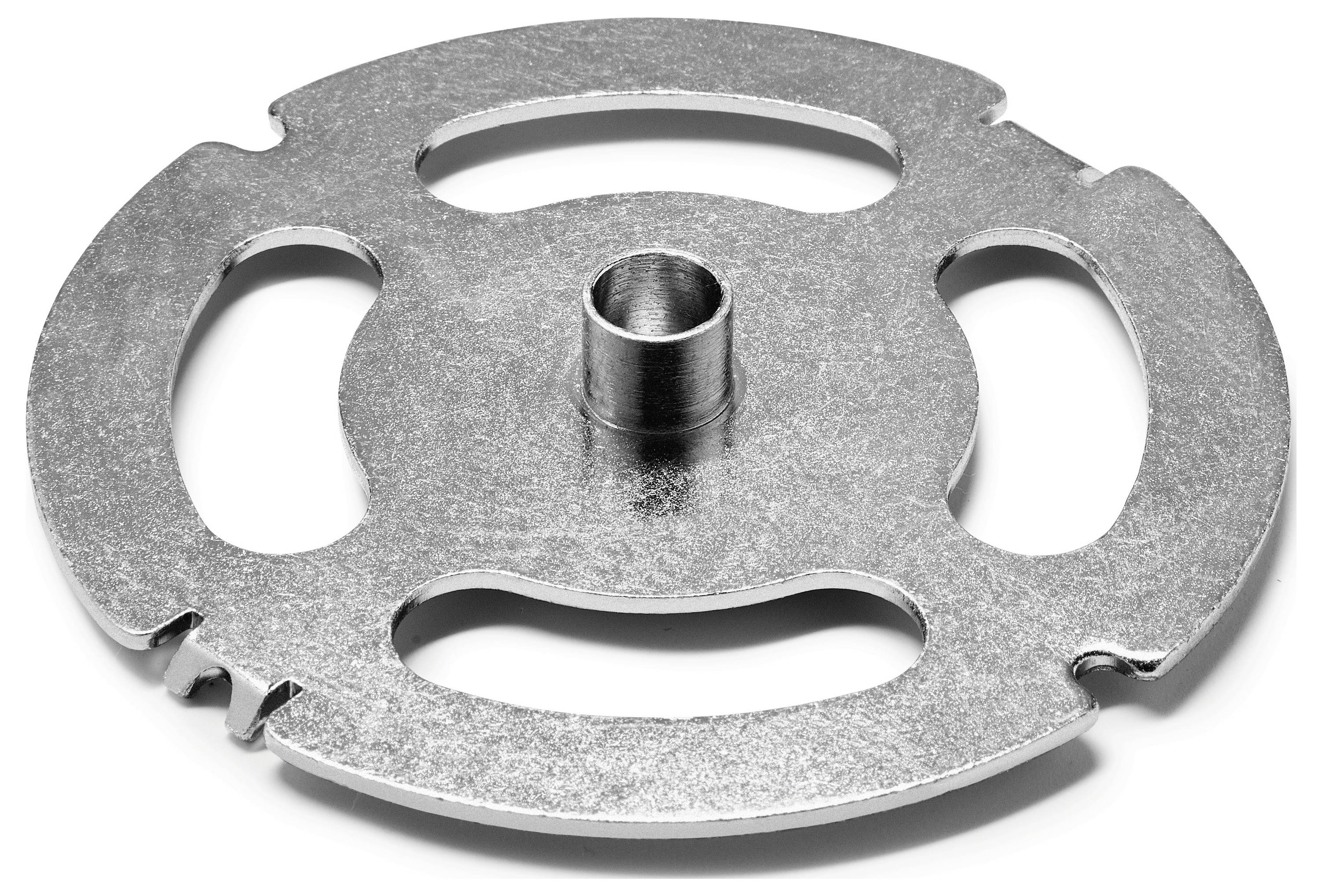 Eine runde Metallscheibe mit vier Schlitzöffnungen und einer zentralen zylindrischen Nabe. Wird als Teil eines Fleischwolfs zum Schneiden oder Zerkleinern verwendet.