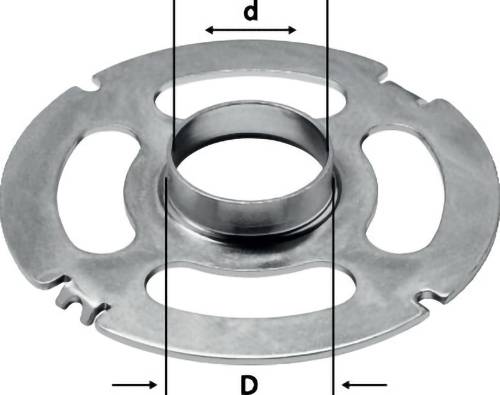 Ein Metallscheibe mit vier großen Ausschnitten und einer zentralen zylindrischen Nabe. Durchmesser „D