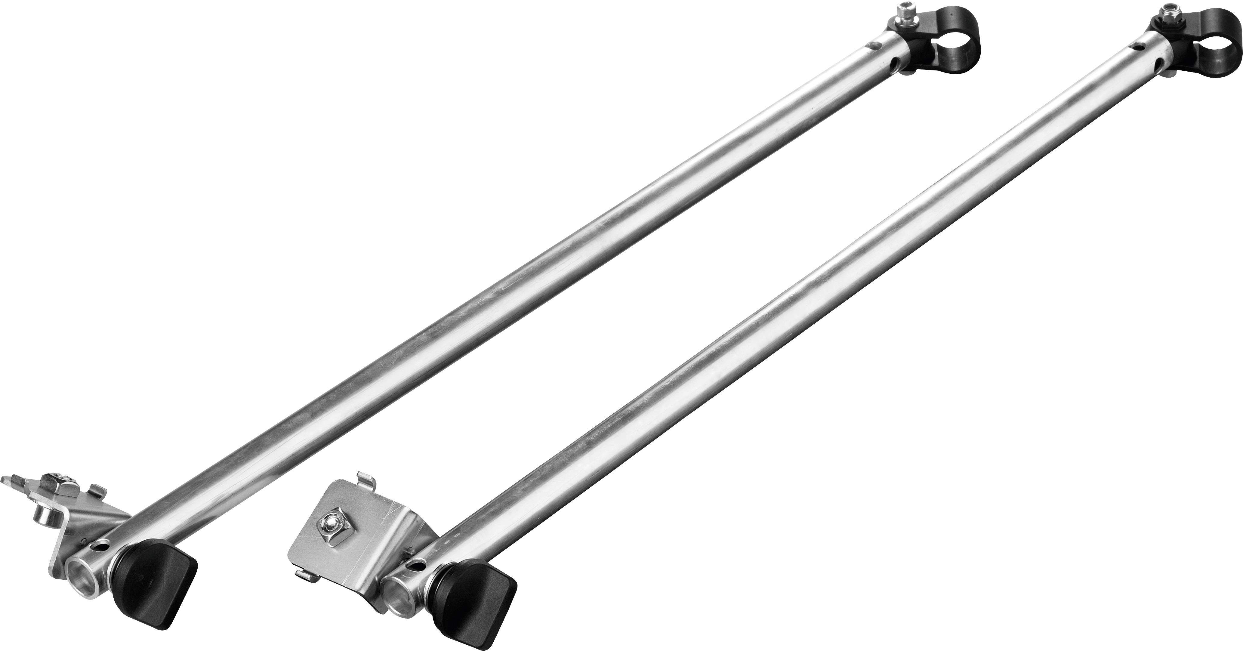 Zwei Silbermetallstäbe mit montierten Halterungen und schwarzen Endkappen, verwendet zum Befestigen von Ausrüstung oder zur Stabilisierung von Strukturen.