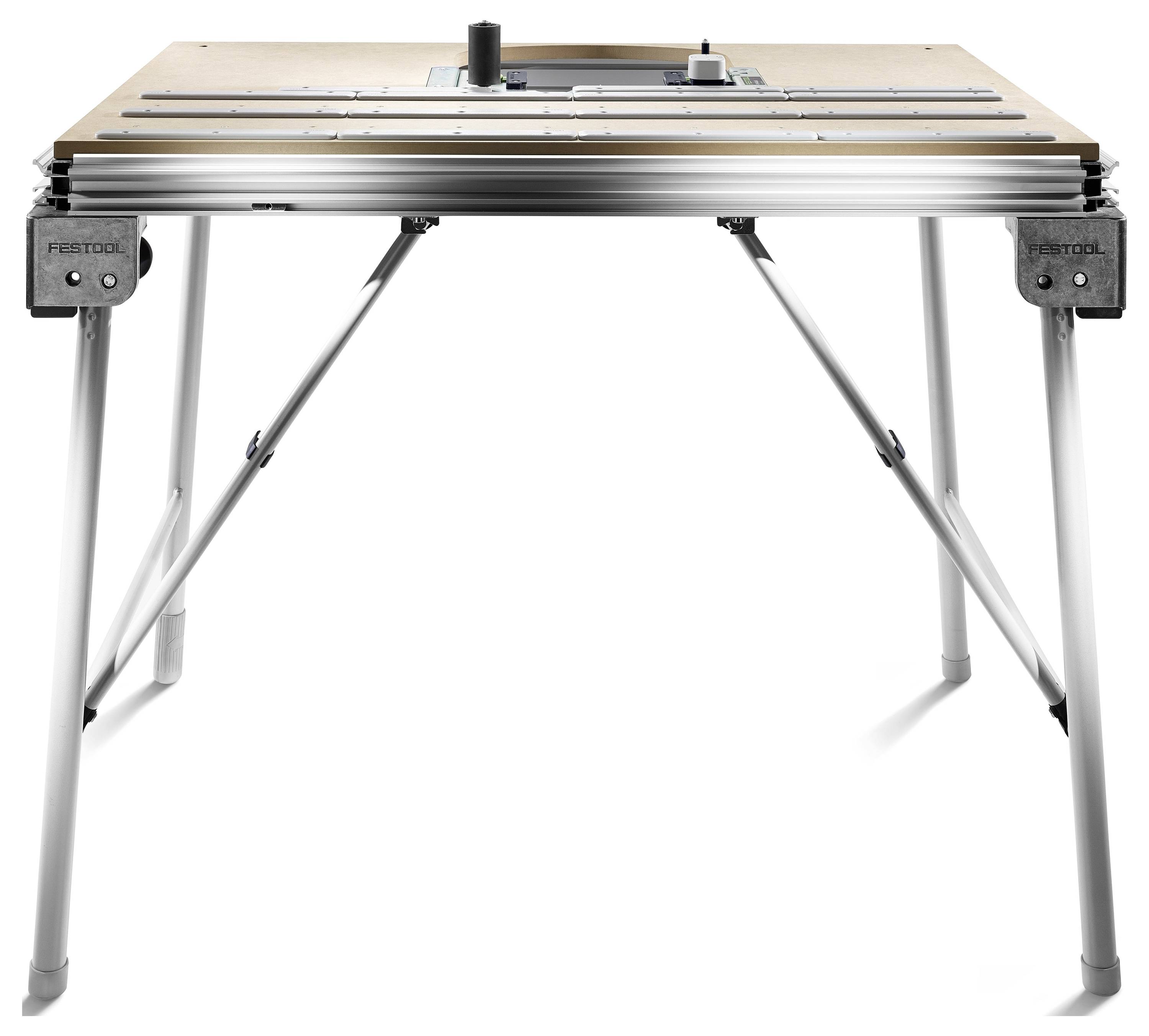 Eine Werkbankplatte mit silberner Oberfläche, klappbaren Beinen und einer gittermustrigen Arbeitsfläche, ausgestattet mit verschiedenen Schlitzen für die Werkzeugaufbewahrung und Verstellung.