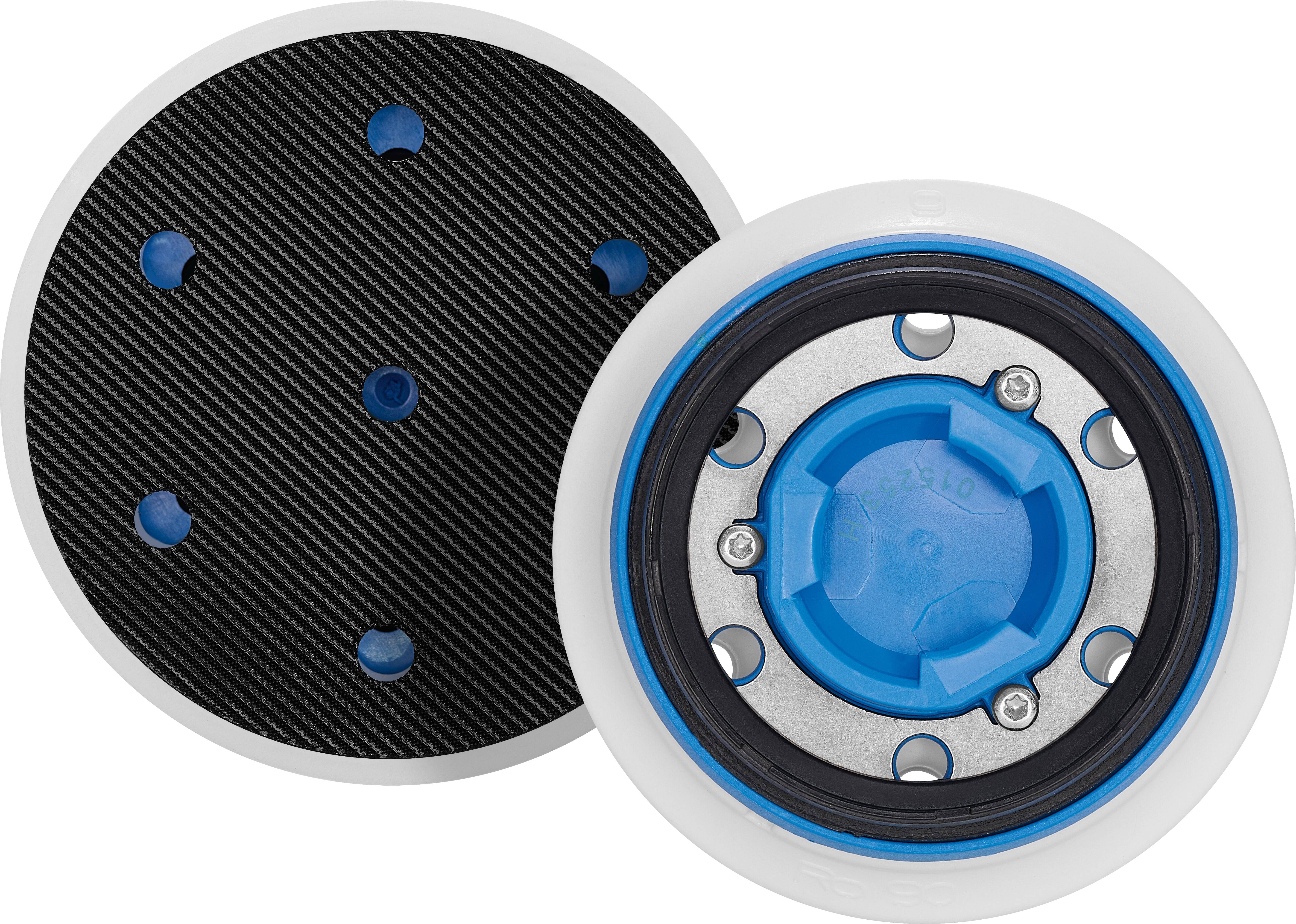 Zwei runde, austauschbare Schleifteller, einer zeigt eine strukturierte schwarze Oberfläche, der andere enthüllt eine zentrale blaue Kunststoffnabe mit Schrauben.