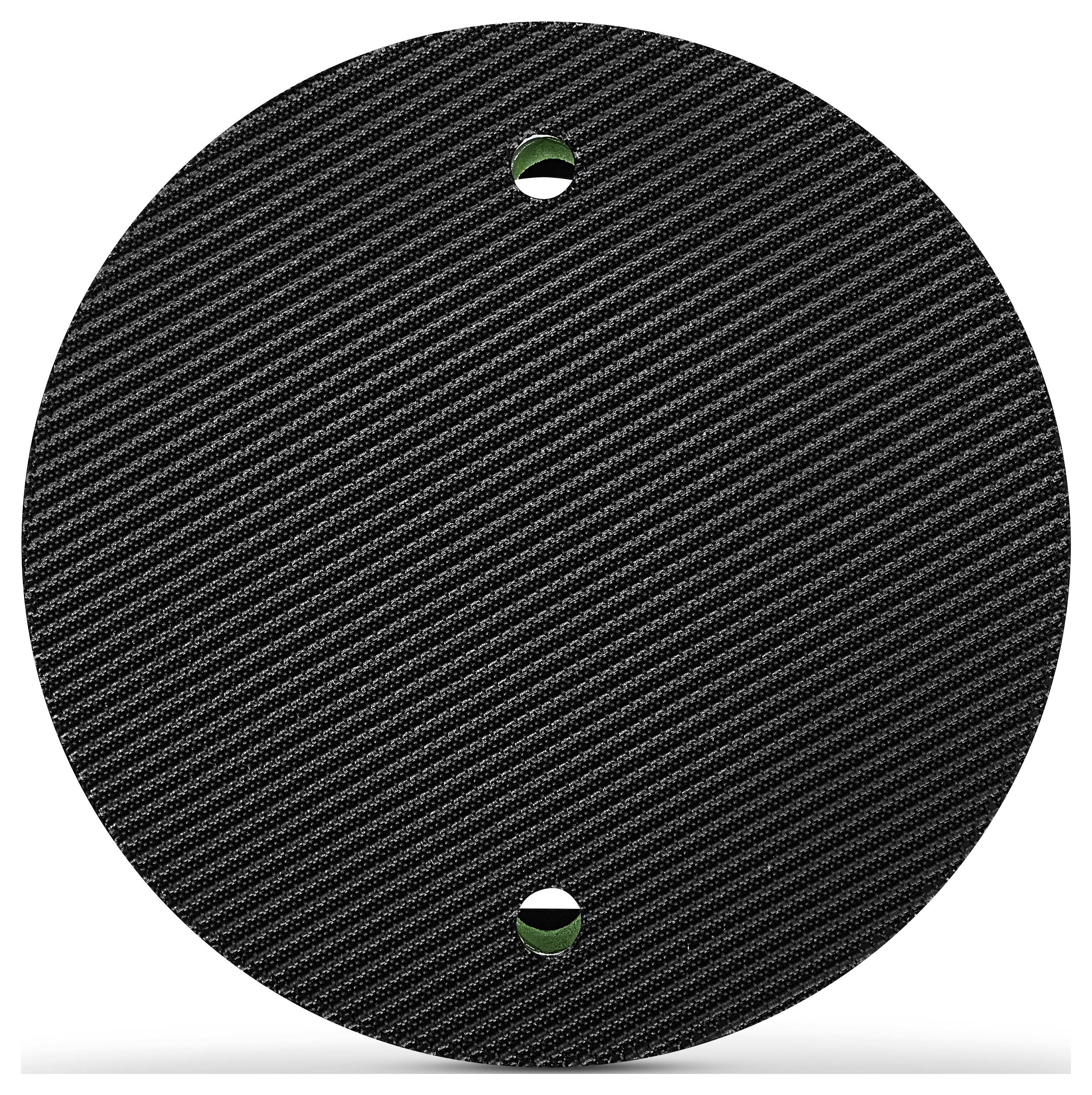 Schwarzes, kreisförmiges Kohlefaser-Blech mit zwei gleichmäßig verteilten Löchern, strukturiert mit diagonalen Rillen.