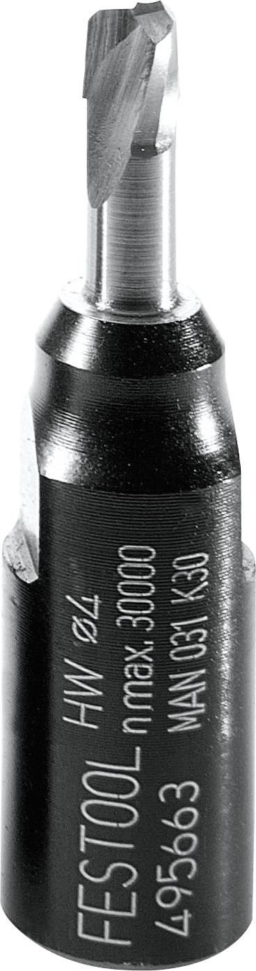 Ein Festool HW S4 Fräswerkzeug mit eingravierter Spezifikation, das eine Schneidekante und einen zylindrischen Schaft zeigt, konzipiert für Holzbearbeitungsaufgaben.