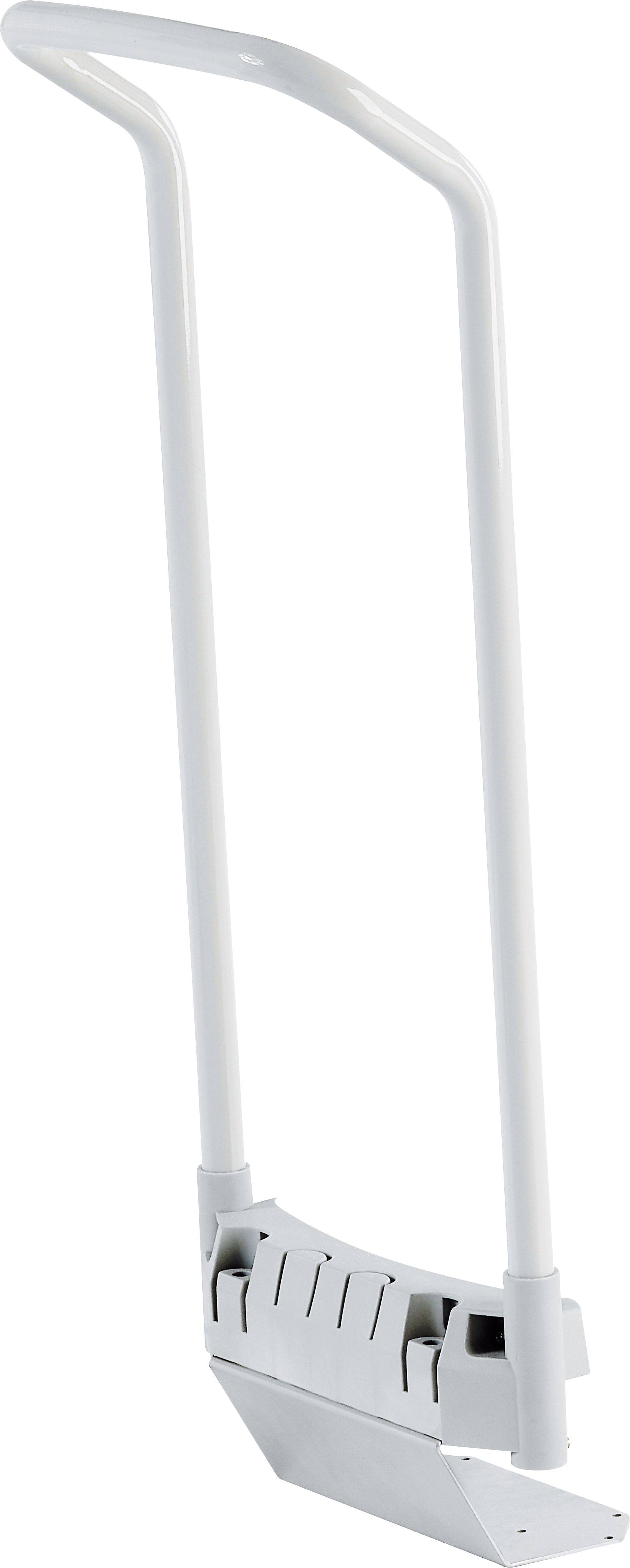 Ein hohes, weißes, L-förmiges Mobilitätshilfsmittel mit Griffen und einer Basis zur Unterstützung oder Hebelwirkung, geeignet zur Unterstützung beim Stehen oder zur Verbesserung des Gleichgewichts.