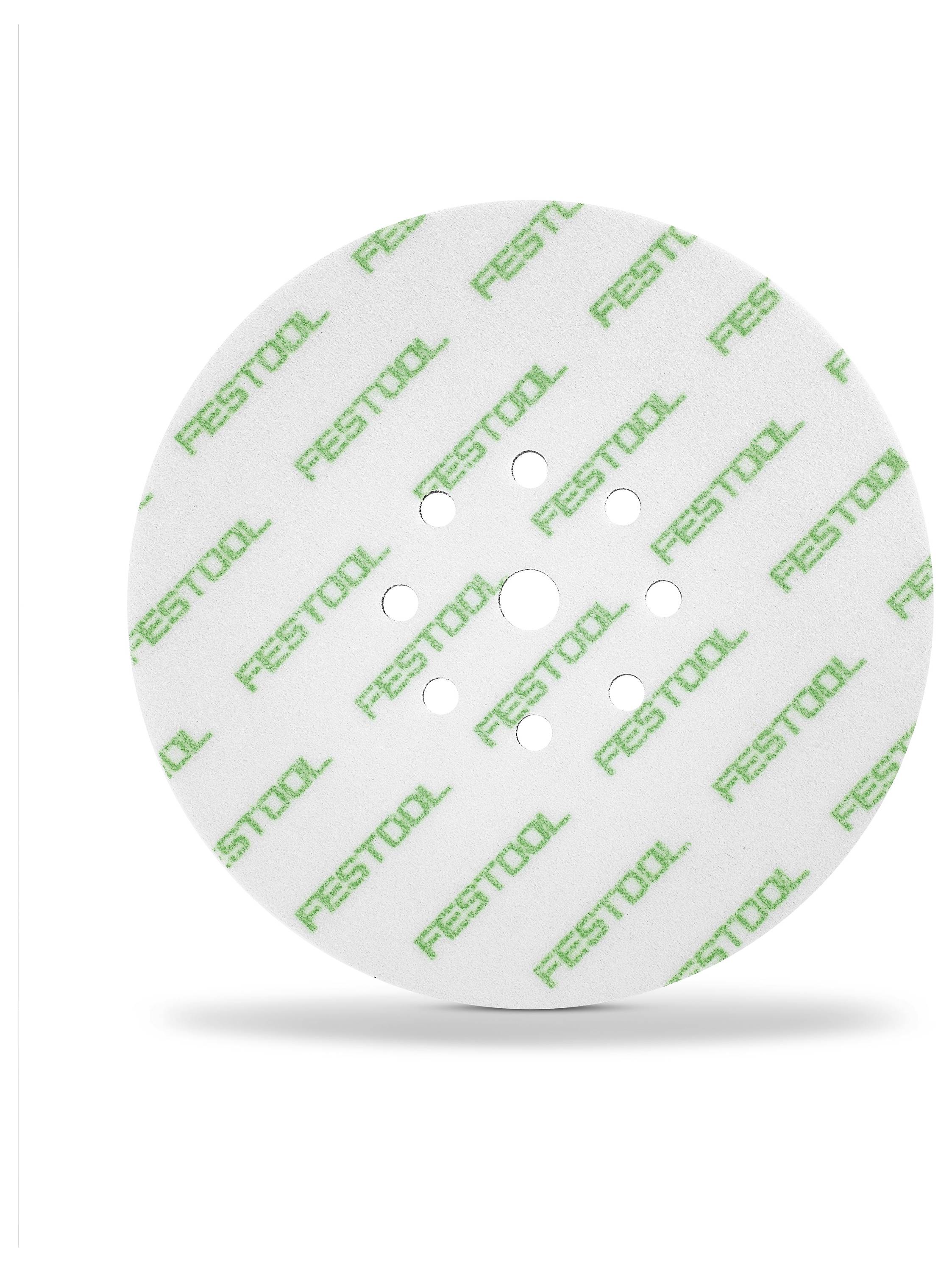 Ein Schleifteller mit Festool-Branding und mehreren Löchern zur Staubabsaugung.