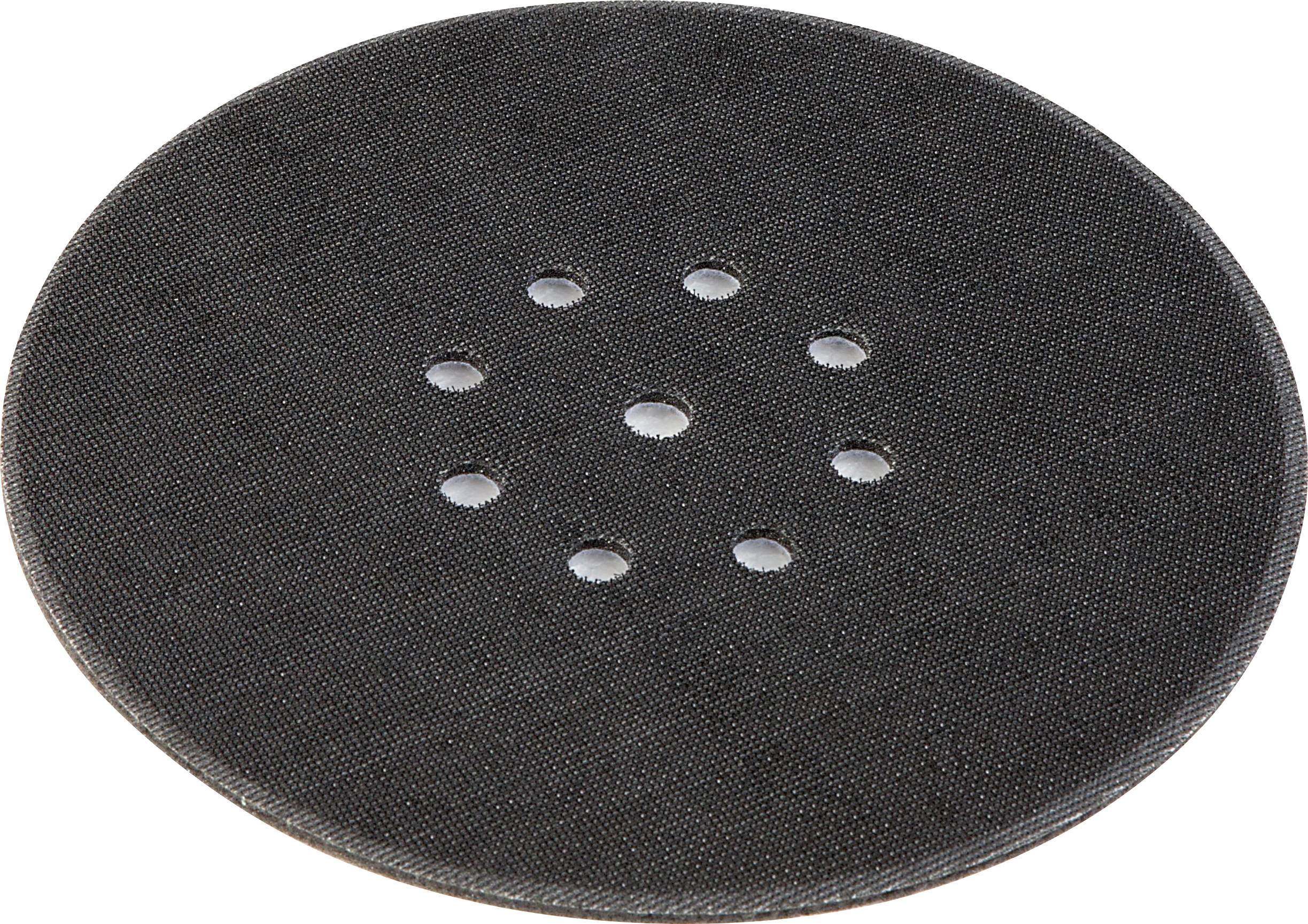 Schwarze runde Schleifscheibe mit mehreren Löchern, die in einem Kreismuster in der Mitte angeordnet sind.