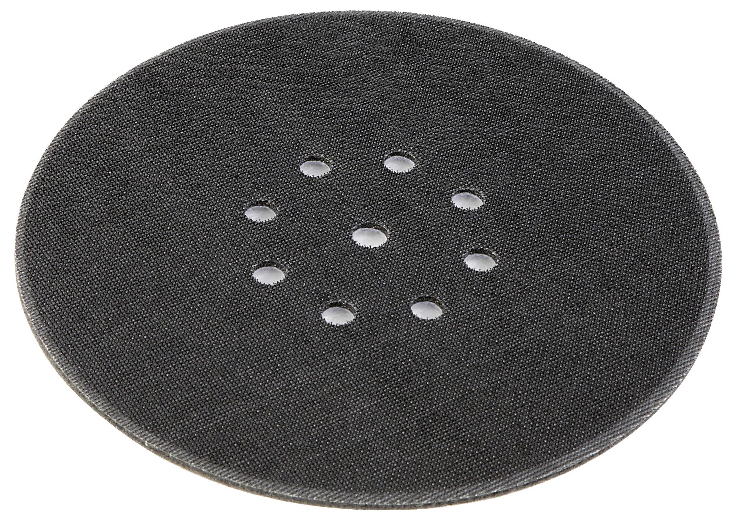 Ein rundes schwarzes Schleifpad mit acht gleichmäßig verteilten Löchern, das auf einen Schleifer passt und zum Glätten von Oberflächen verwendet wird.